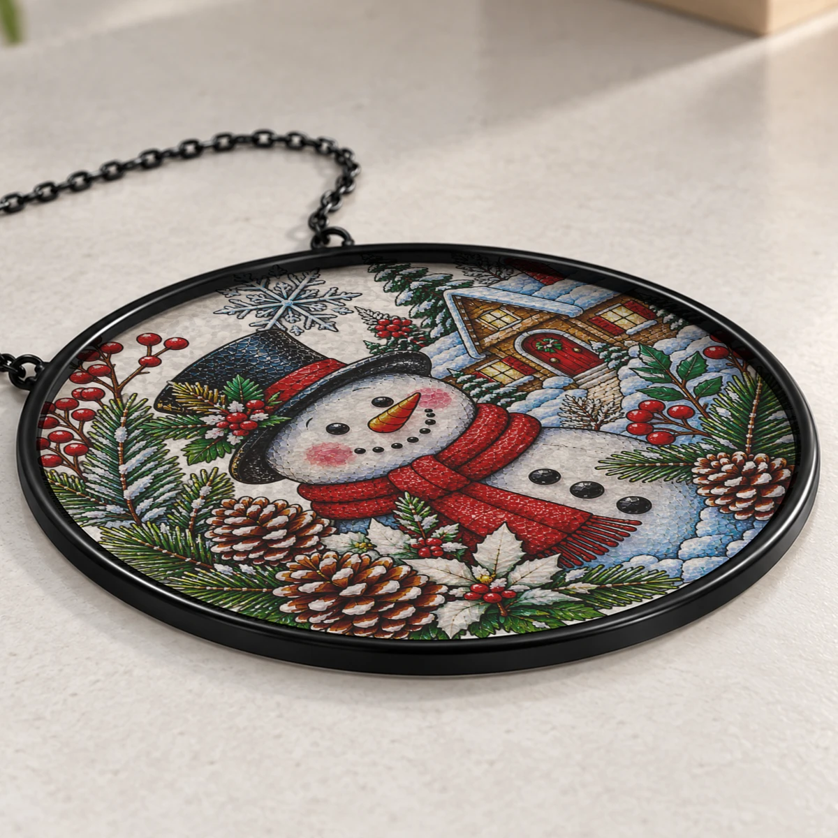 Snowman Christmas Suncatcher, Winter Stained Glass Window Hanging, Snowy Cabin Holiday Decor, Christmas Gift for Family and Friends