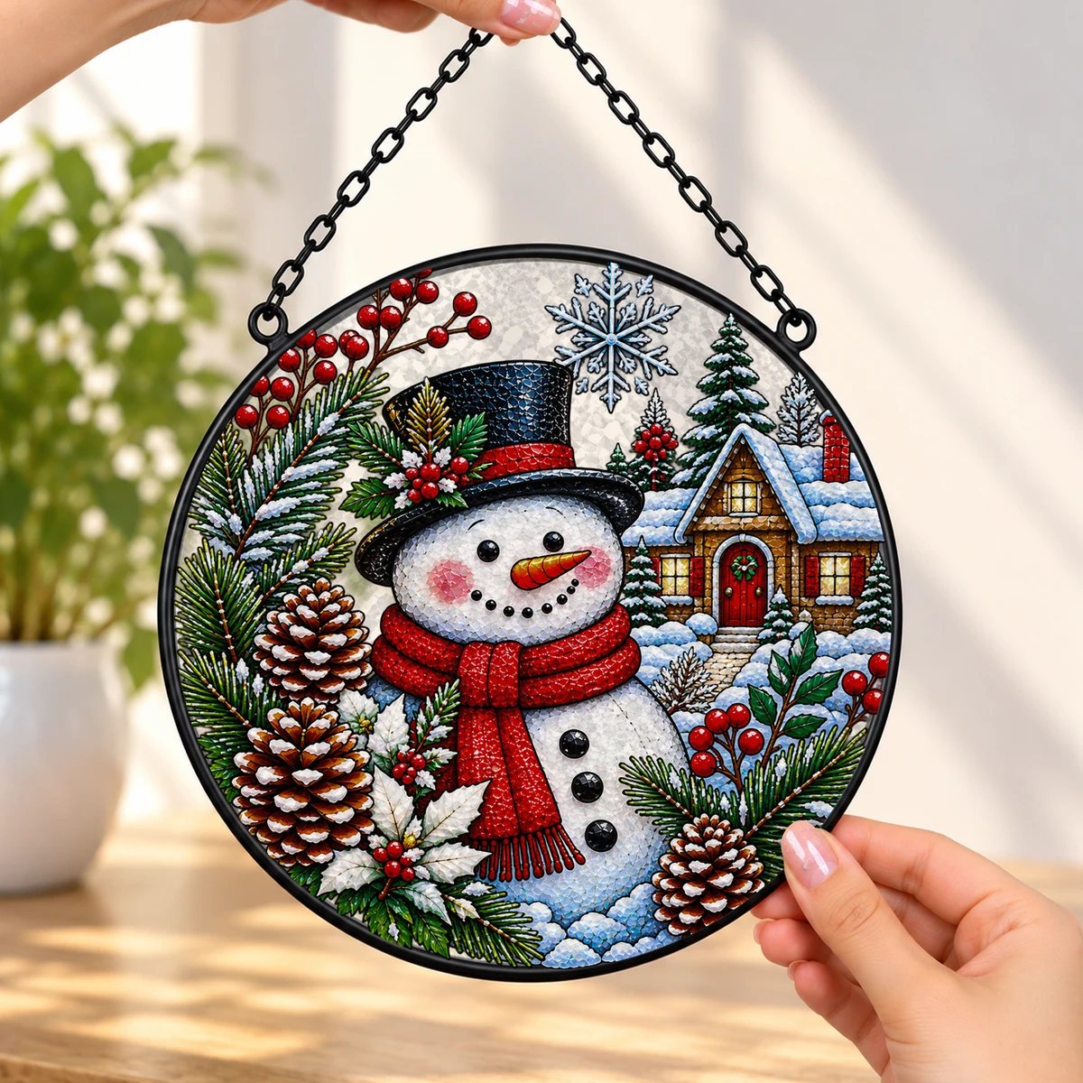 Snowman Christmas Suncatcher, Winter Stained Glass Window Hanging, Snowy Cabin Holiday Decor, Christmas Gift for Family and Friends