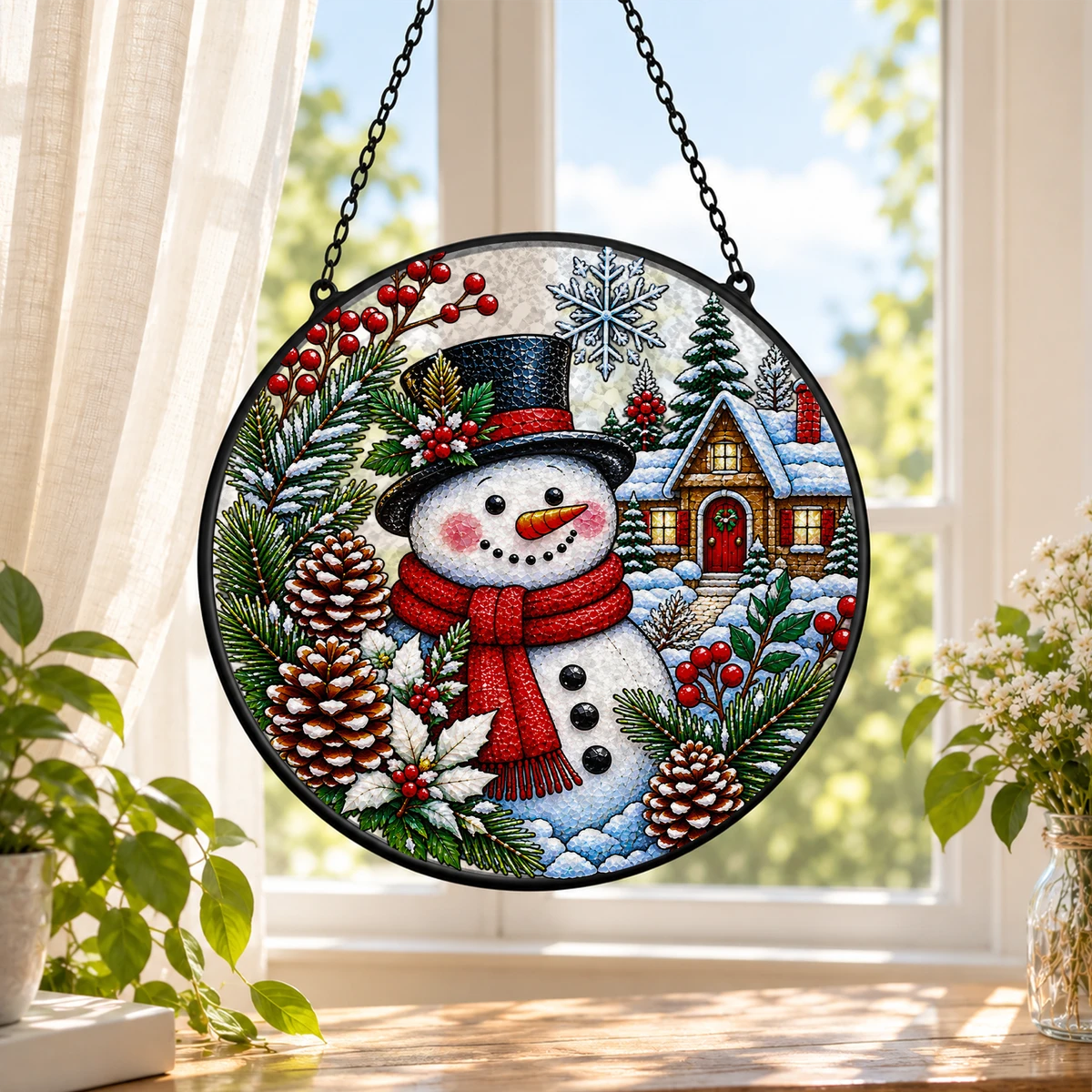 Snowman Christmas Suncatcher, Winter Stained Glass Window Hanging, Snowy Cabin Holiday Decor, Christmas Gift for Family and Friends