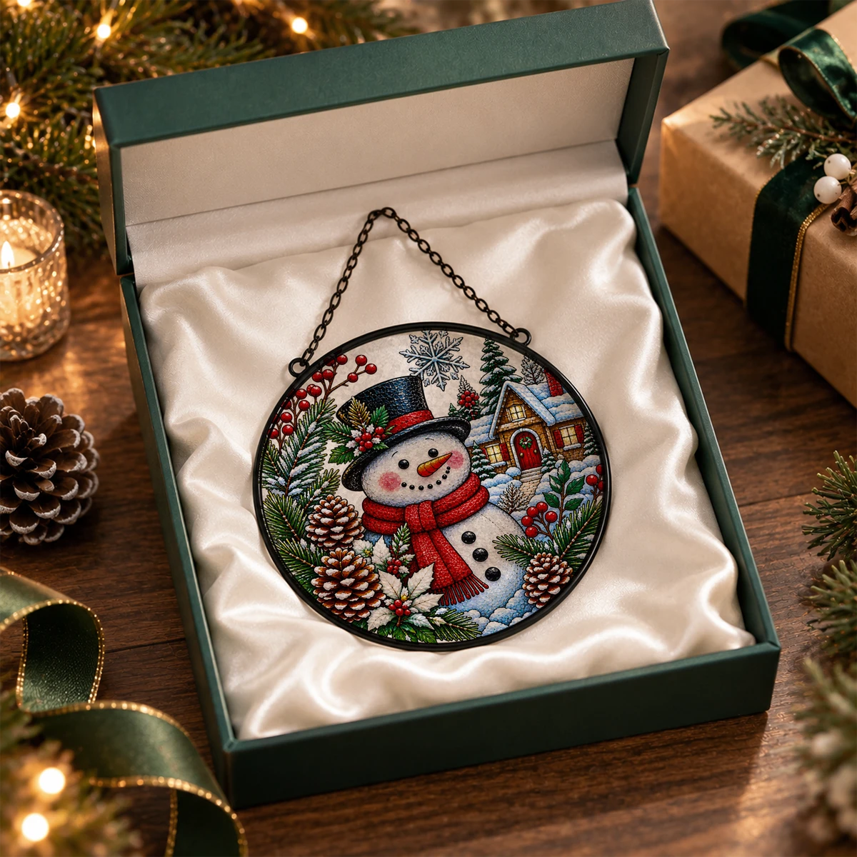 Snowman Christmas Suncatcher, Winter Stained Glass Window Hanging, Snowy Cabin Holiday Decor, Christmas Gift for Family and Friends