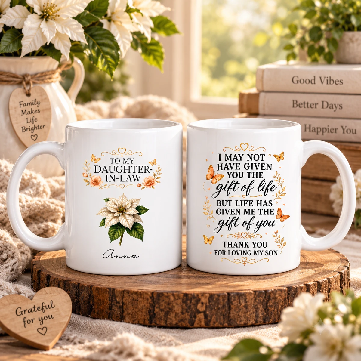 To My Daughter-In-Law, Thank You For Loving My Son. Flower & Butterfly Design. Custom Mug. Gift For Daughter-In-Law