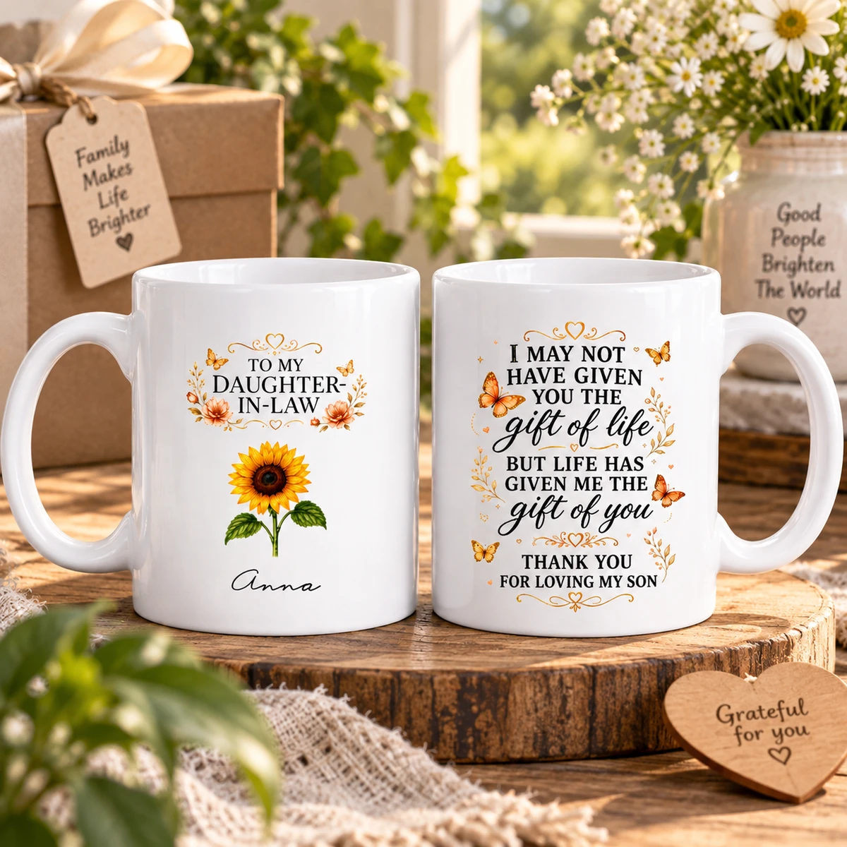 To My Daughter-In-Law, Thank You For Loving My Son. Flower & Butterfly Design. Custom Mug. Gift For Daughter-In-Law