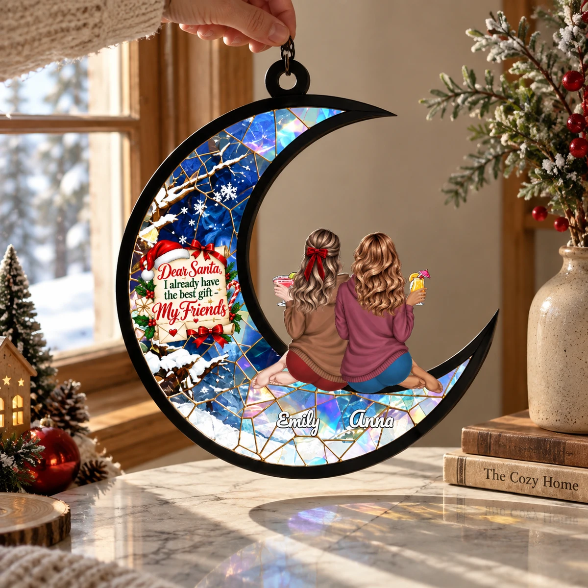 Custom Best Friend Christmas Suncatcher, Personalized Names Moon Stained Glass Decor, Friendship Window Hanging, Christmas Gift for Friends