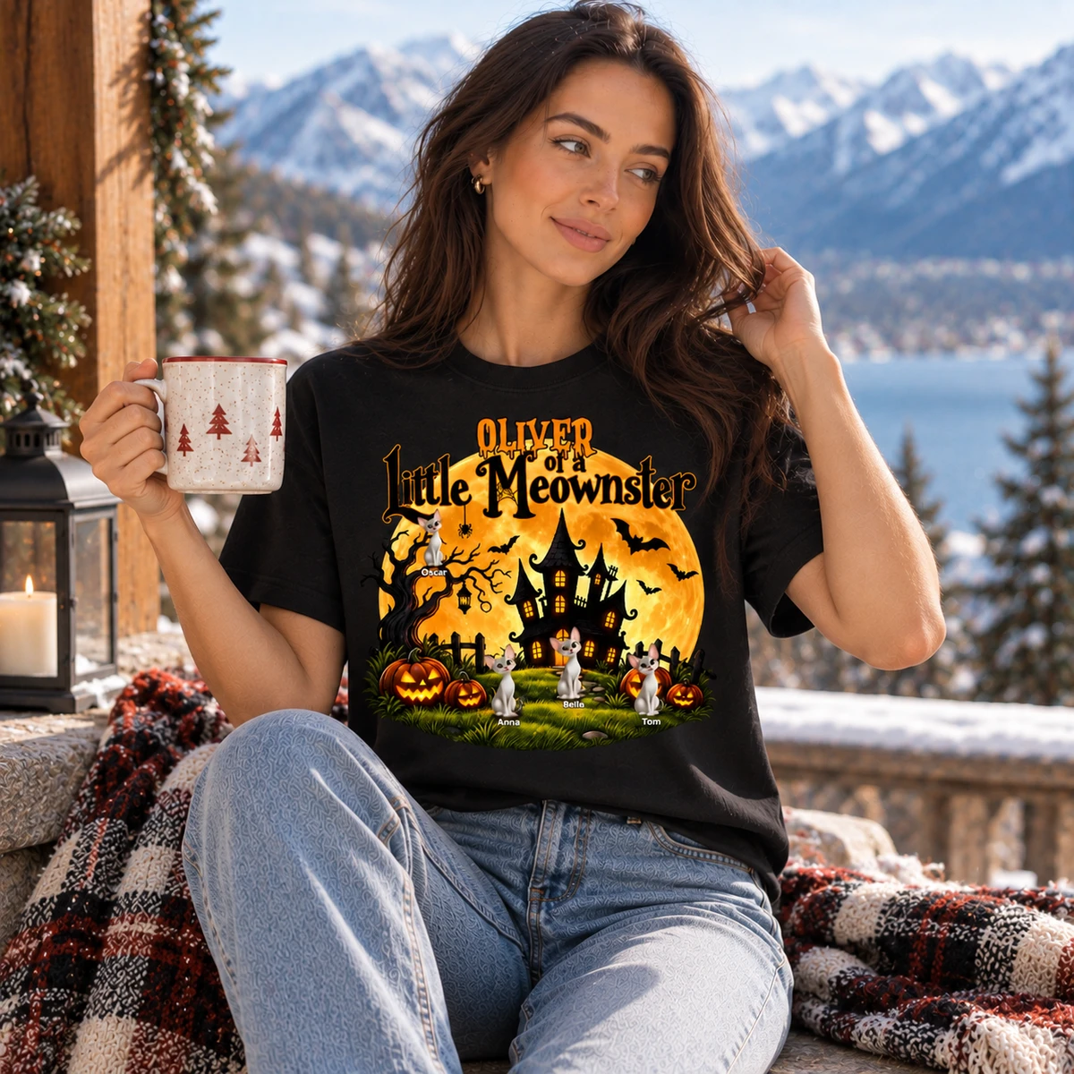 Personalized Cat Halloween T-Shirt Custom Character And Name, Little Meowster Pumpkin Haunted House Shirt