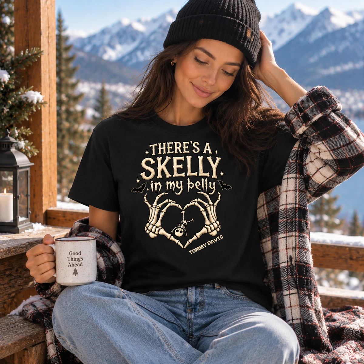 There's A Skelly In My Belly Graphic Shirt - Personalized Skeleton T-Shirt Custom Name Halloween Tee