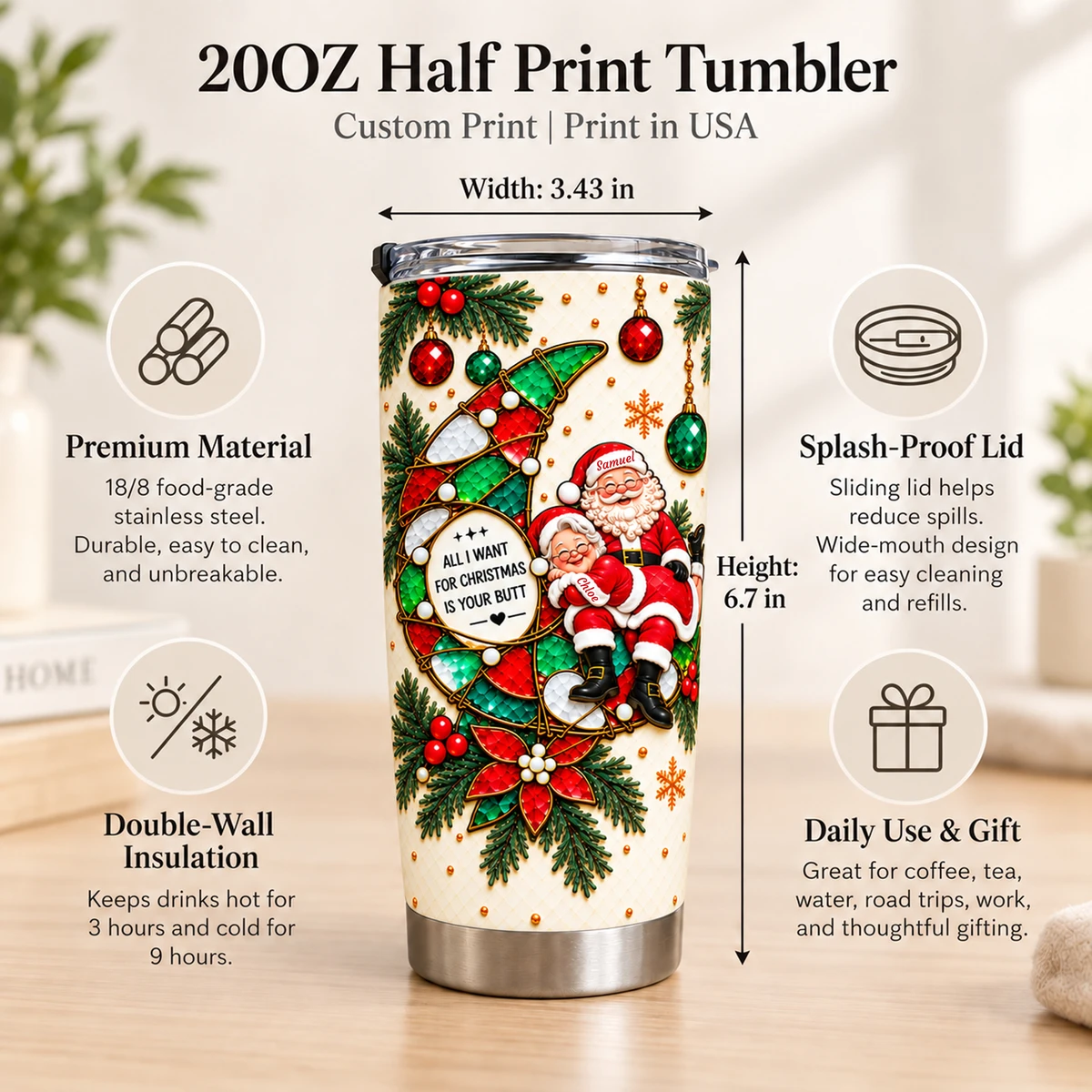 Funny Christmas Tumbler 20oz, Personalized Santa Couple Travel Cup, Cheeky Christmas Gift for Husband Wife, Festive Double-Sided Holiday Tumbler