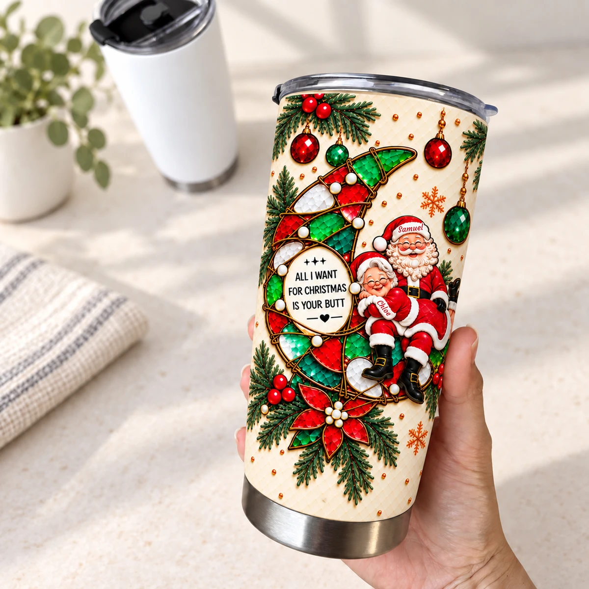 Funny Christmas Tumbler 20oz, Personalized Santa Couple Travel Cup, Cheeky Christmas Gift for Husband Wife, Festive Double-Sided Holiday Tumbler