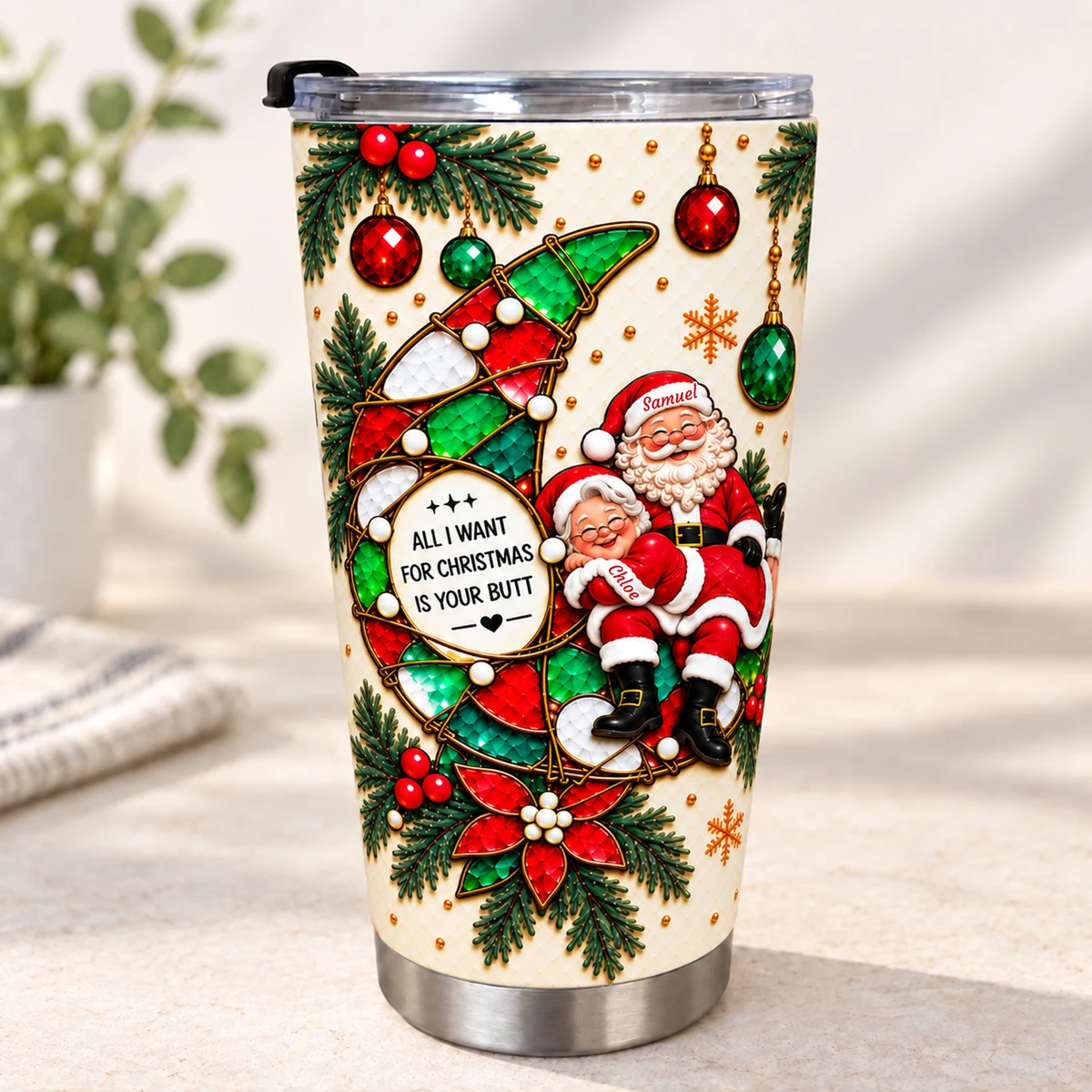 Funny Christmas Tumbler 20oz, Personalized Santa Couple Travel Cup, Cheeky Christmas Gift for Husband Wife, Festive Double-Sided Holiday Tumbler