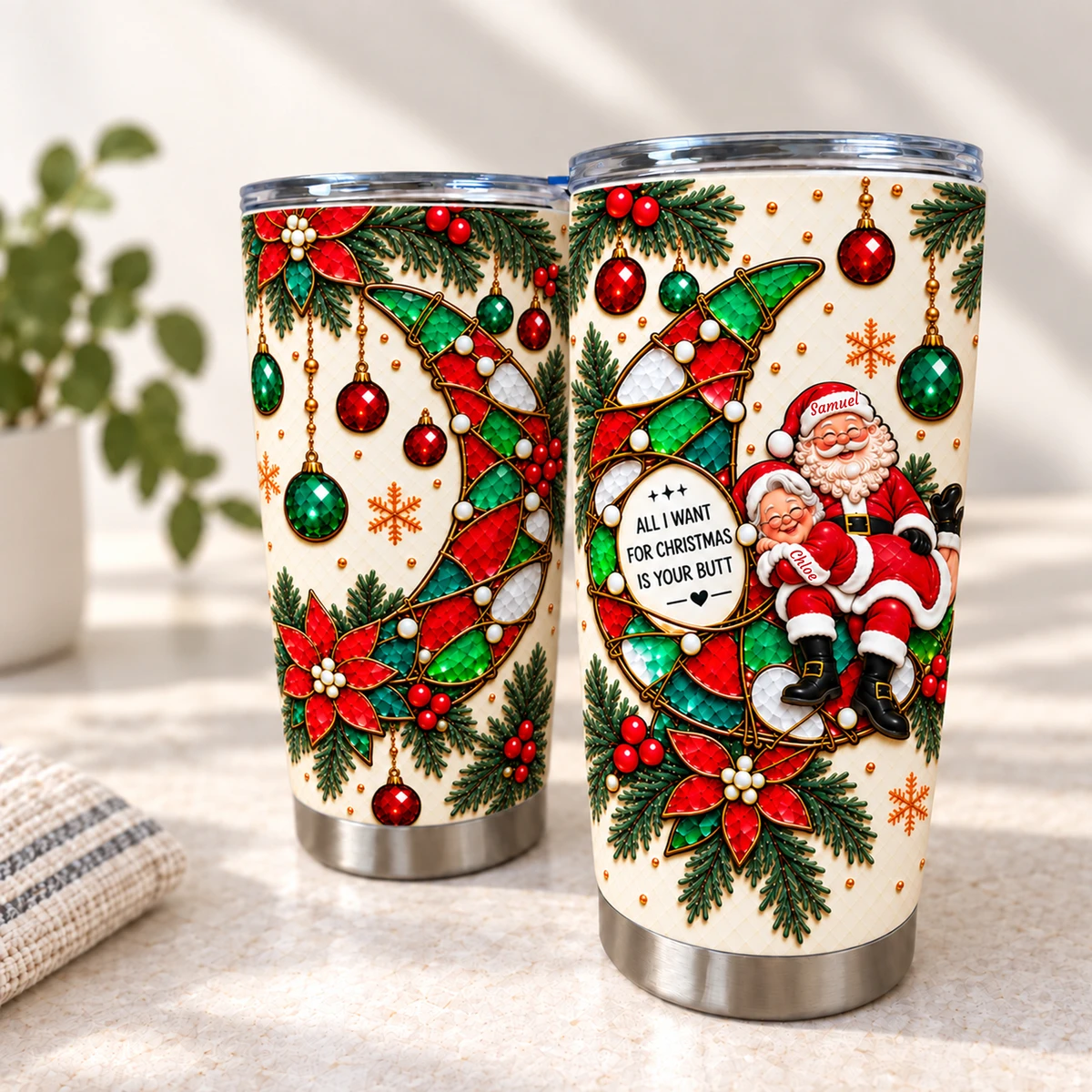 Funny Christmas Tumbler 20oz, Personalized Santa Couple Travel Cup, Cheeky Christmas Gift for Husband Wife, Festive Double-Sided Holiday Tumbler