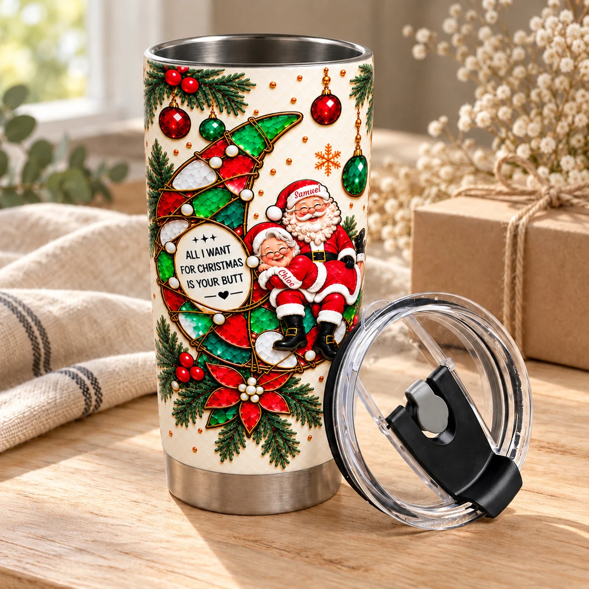 Funny Christmas Tumbler 20oz, Personalized Santa Couple Travel Cup, Cheeky Christmas Gift for Husband Wife, Festive Double-Sided Holiday Tumbler