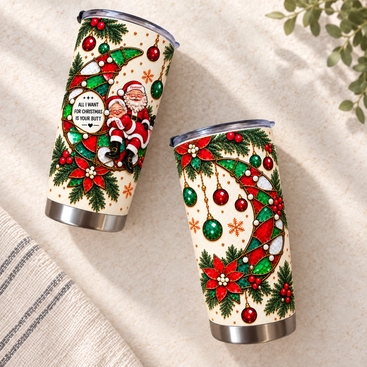 Funny Christmas Tumbler 20oz, Personalized Santa Couple Travel Cup, Cheeky Christmas Gift for Husband Wife, Festive Double-Sided Holiday Tumbler
