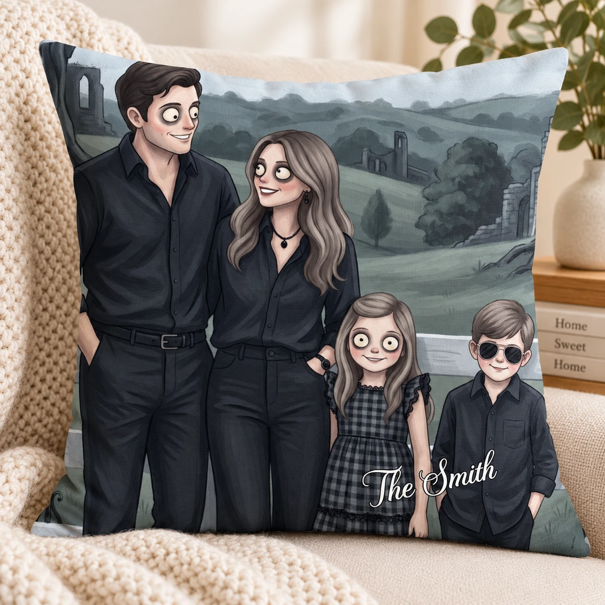 Custom Spooky Family Portrait Throw Pillow, Personalized Photo Upload, Mysterious Gothic Family Artwork, Halloween Decor