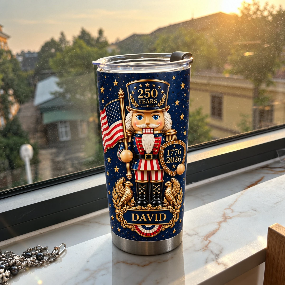 Personalized 250th Anniversary Tumbler 20oz, Custom Name Patriotic Travel Cup, 1776–2026 American Eagle Nutcracker Tumbler, USA Gift
