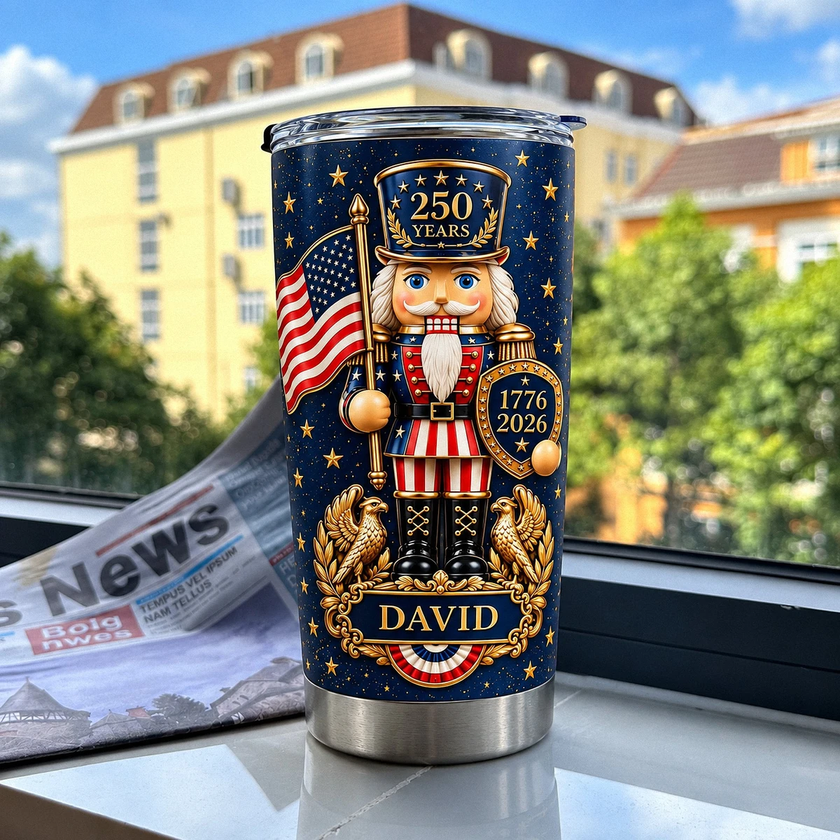 Personalized 250th Anniversary Tumbler 20oz, Custom Name Patriotic Travel Cup, 1776–2026 American Eagle Nutcracker Tumbler, USA Gift