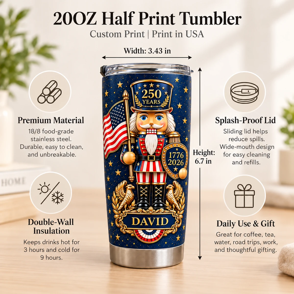 Personalized 250th Anniversary Tumbler 20oz, Custom Name Patriotic Travel Cup, 1776–2026 American Eagle Nutcracker Tumbler, USA Gift