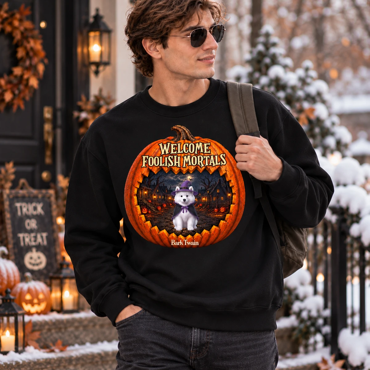 Personalized Welcome Foolish Mortals Sweatshirt, Cute Witch Dog Pumpkin Graphic, Custom Name Halloween Pullover