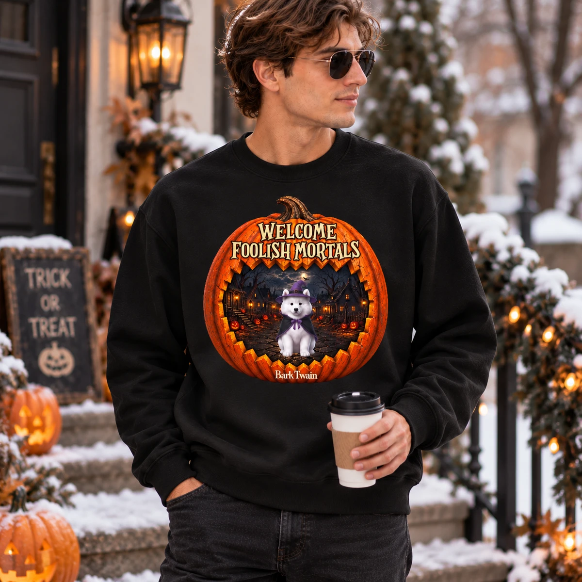 Personalized Welcome Foolish Mortals Sweatshirt, Cute Witch Dog Pumpkin Graphic, Custom Name Halloween Pullover