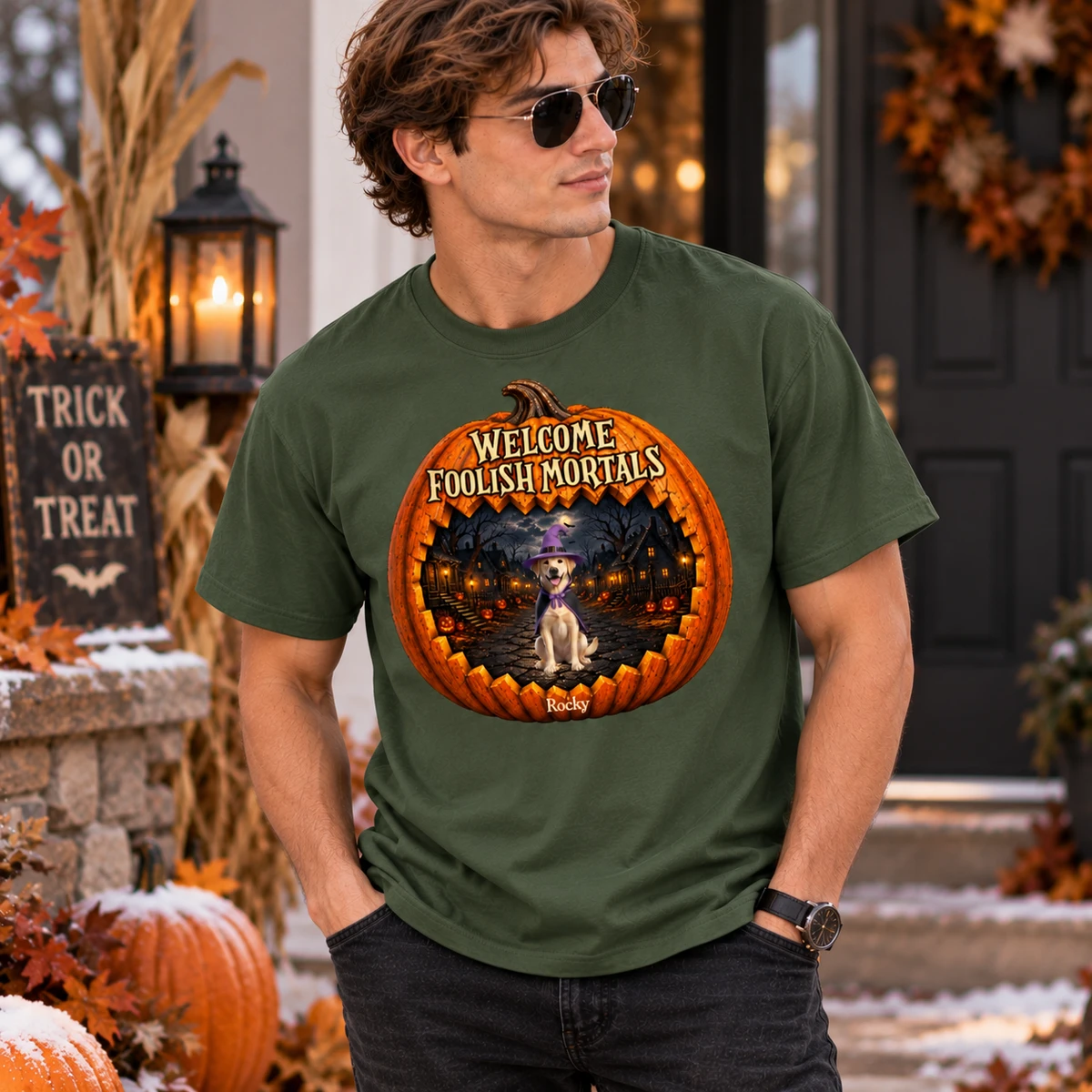 Personalized Welcome Foolish Mortals T-Shirt, Halloween Pumpkin Pet Graphic, Custom Pet Name Fall Shirt