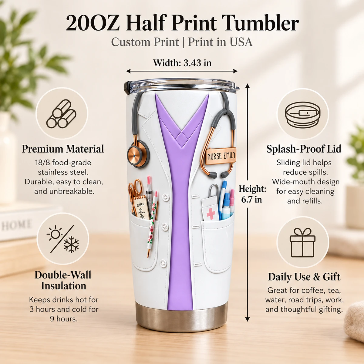 Personalized Nursing Tumbler 20oz, Custom Nurse Name Medical Uniform Stainless Steel Cup