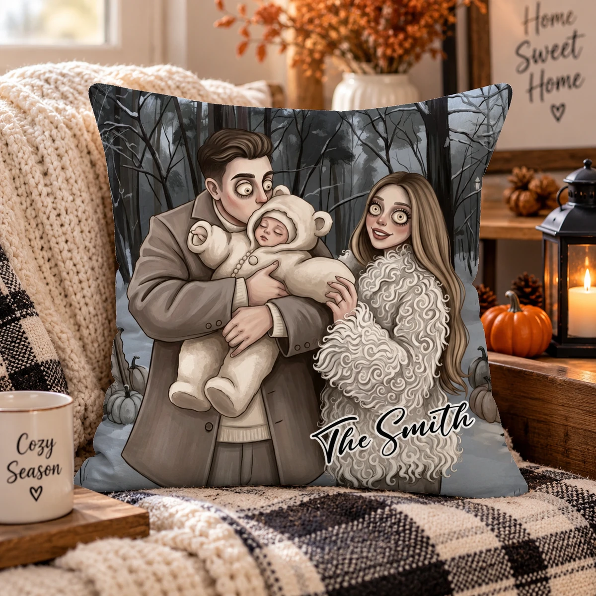 Personalized Pillow Custom Family Photo & Name – Halloween Family Portrait Cushion, Cozy Home Decor Gift