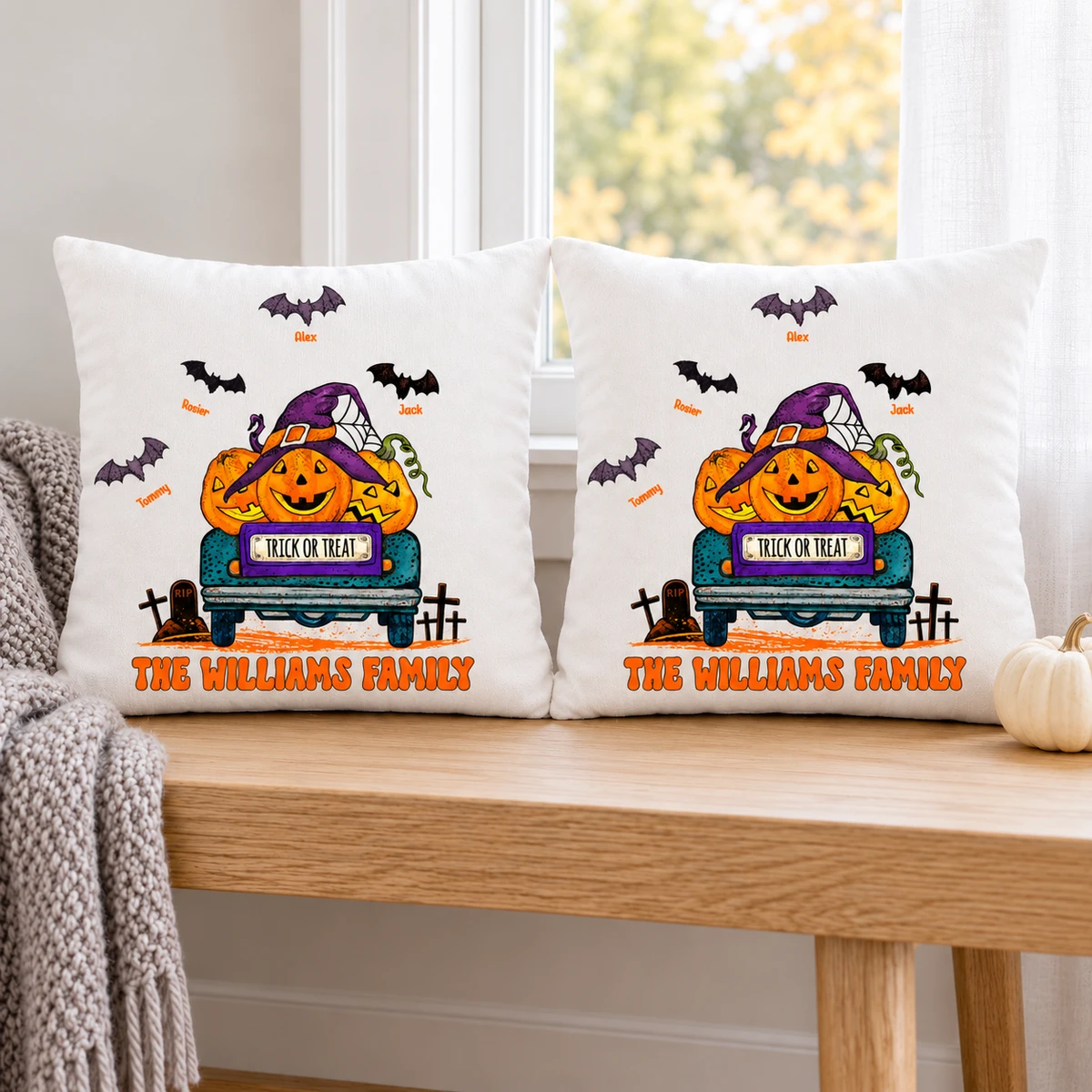 Cute Pumpkin Truck Fall Pillow Cover - Custom Family Name Halloween Pillow Cover, Personalized Bat Clipart with Kids Names