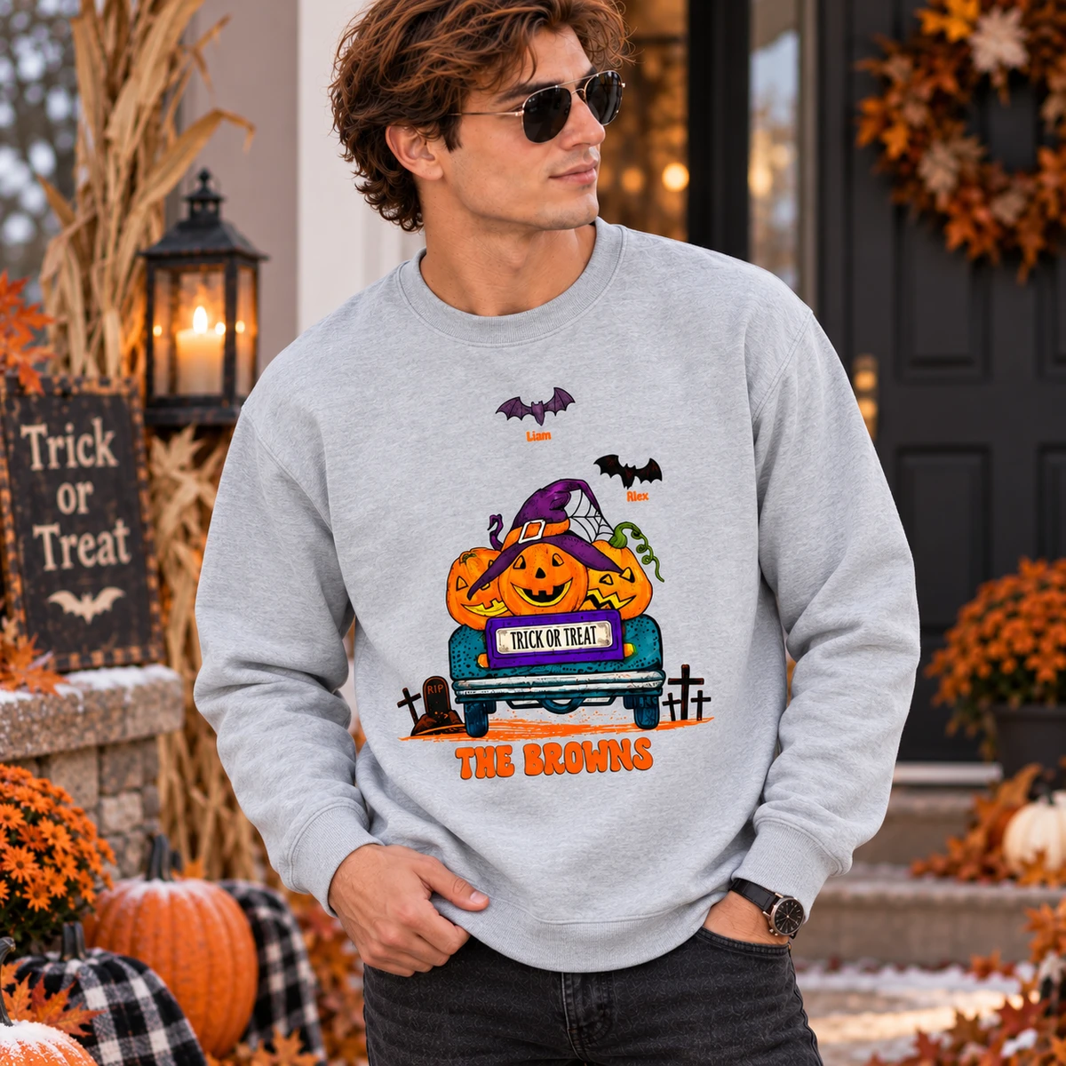 Personalized Pumpkin Halloween Sweatshirt, Custom Family Name and Bat Clipart, Spooky Season Matching Family Pullover