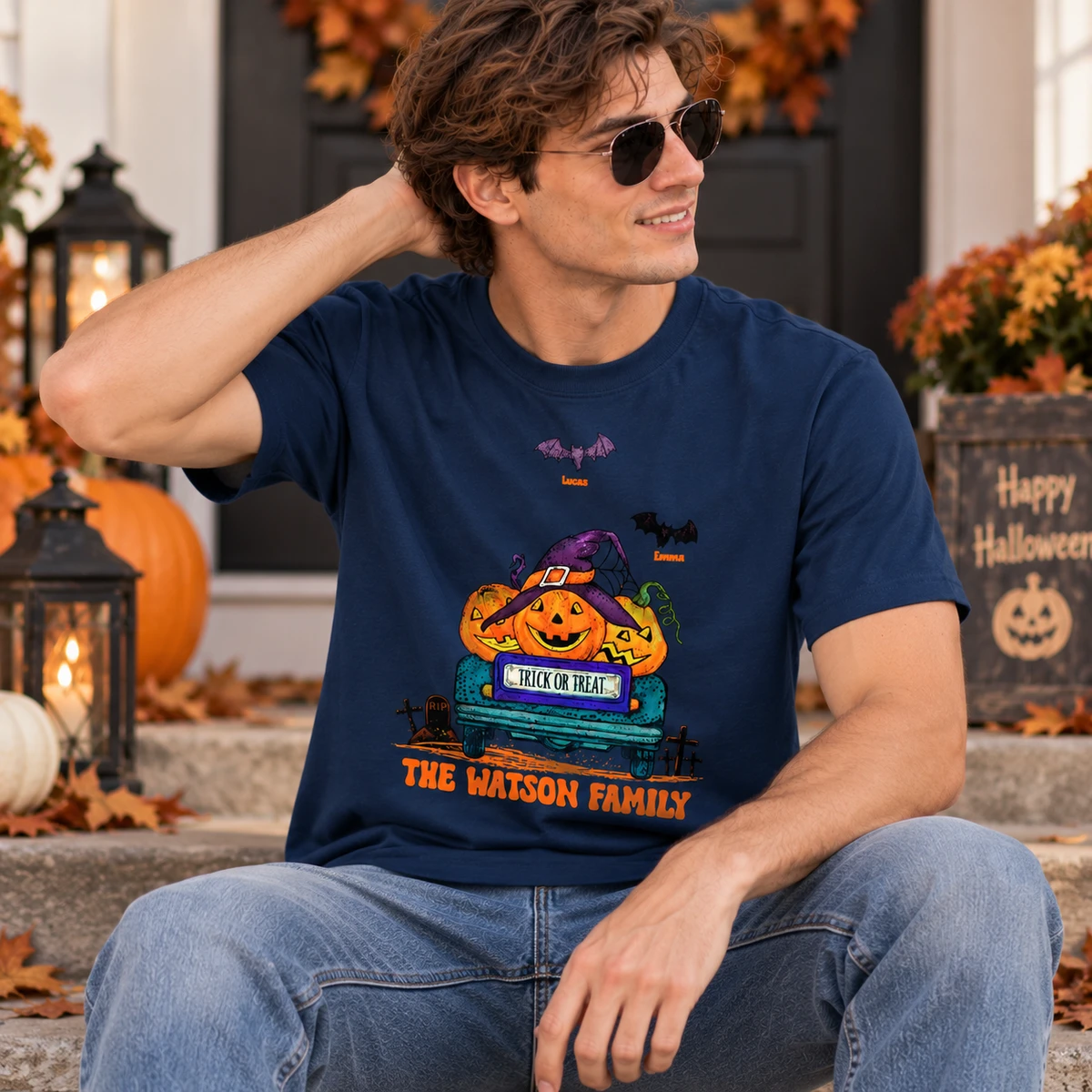 Vintage Trick or Treat Truck Shirt - Personalized Halloween Pumpkin T-Shirt, Custom Family Name and Bat Clipart