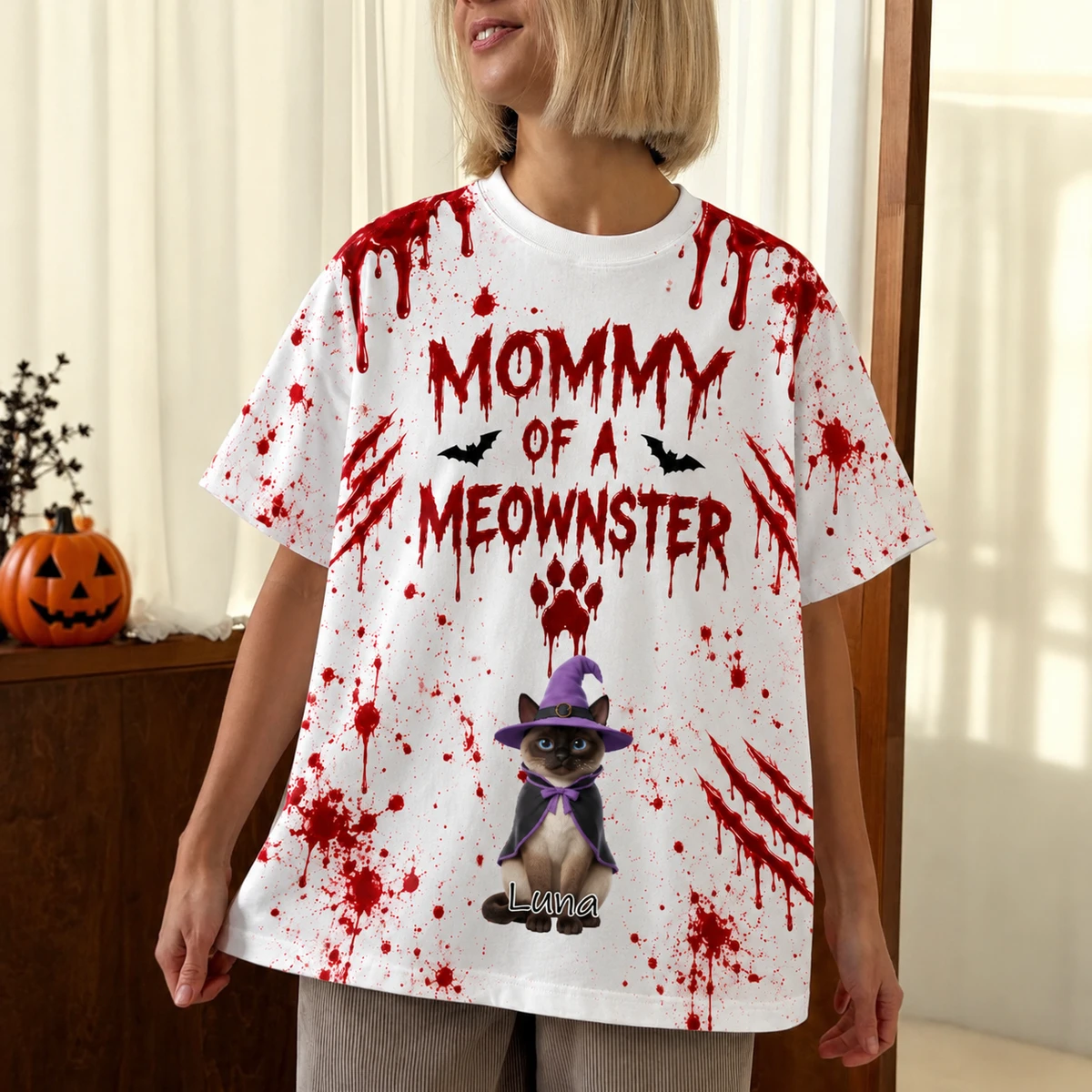 Custom Pet Photo Halloween T Shirt, Personalized Cat Name Mommy Daddy of a Meownster Tee, Witch Cat Spooky Shirt, Pet Lover Gift