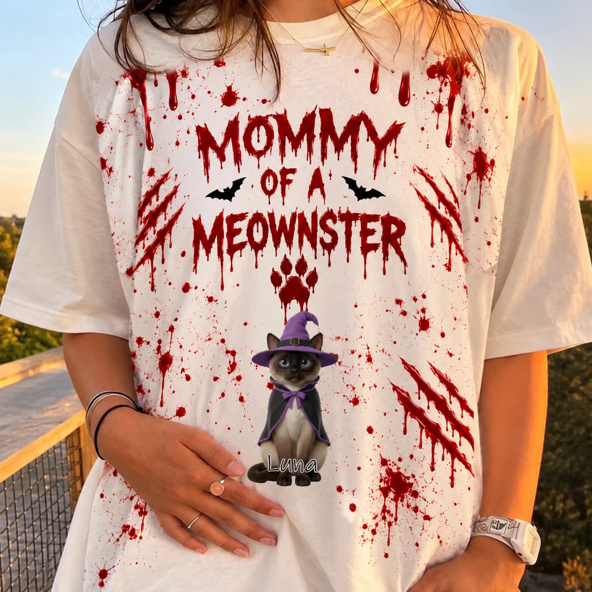Custom Pet Photo Halloween T Shirt, Personalized Cat Name Mommy Daddy of a Meownster Tee, Witch Cat Spooky Shirt, Pet Lover Gift