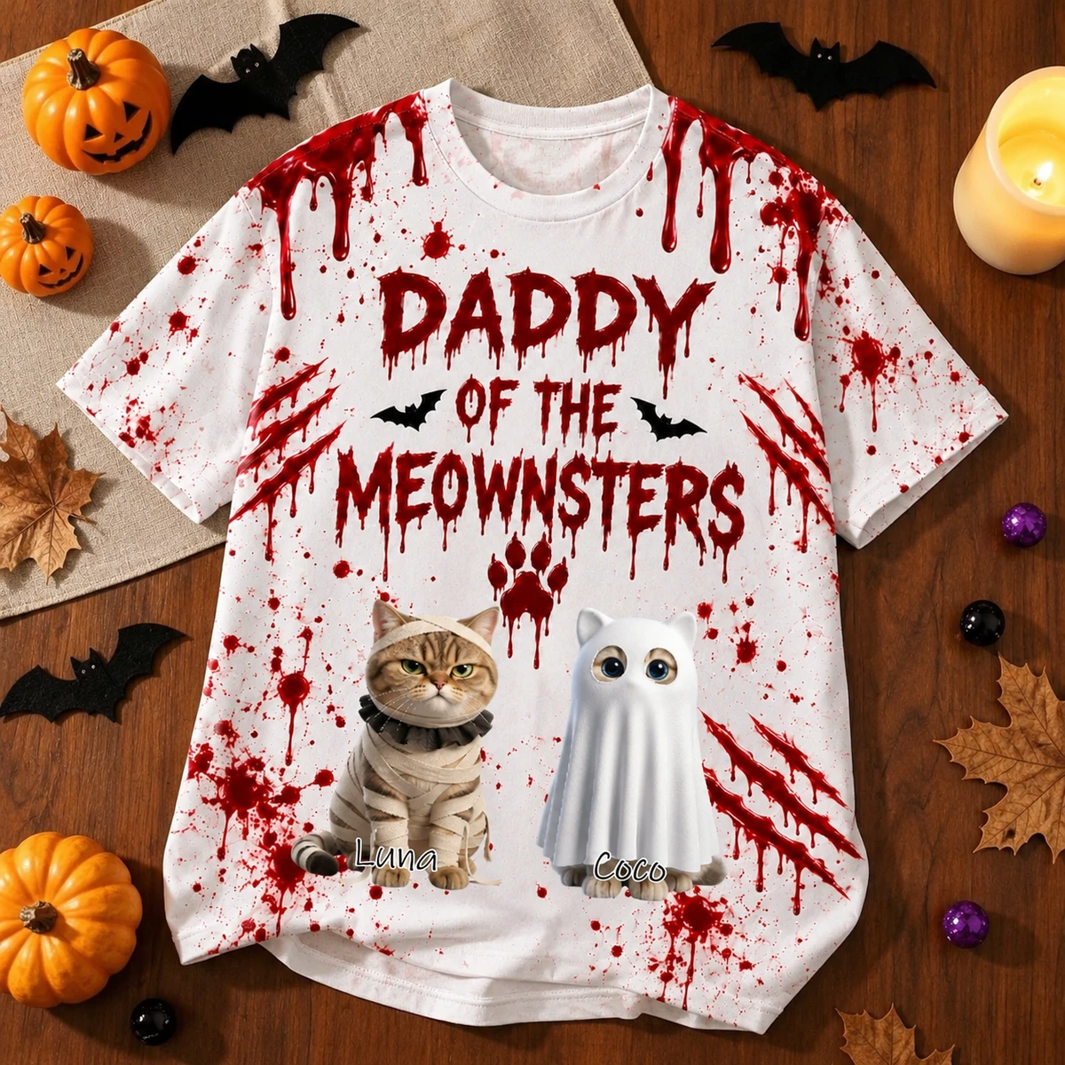 Custom Pet Photo Halloween T Shirt, Personalized Cat Name Mommy Daddy of a Meownster Tee, Witch Cat Spooky Shirt, Pet Lover Gift