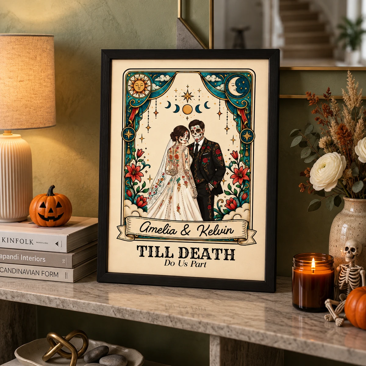 Personalized Gothic Couple Poster Custom Photo & Names, Till Death Do Us Part Wedding Wall Art, Sugar Skull Love Portrait, Anniversary Gift