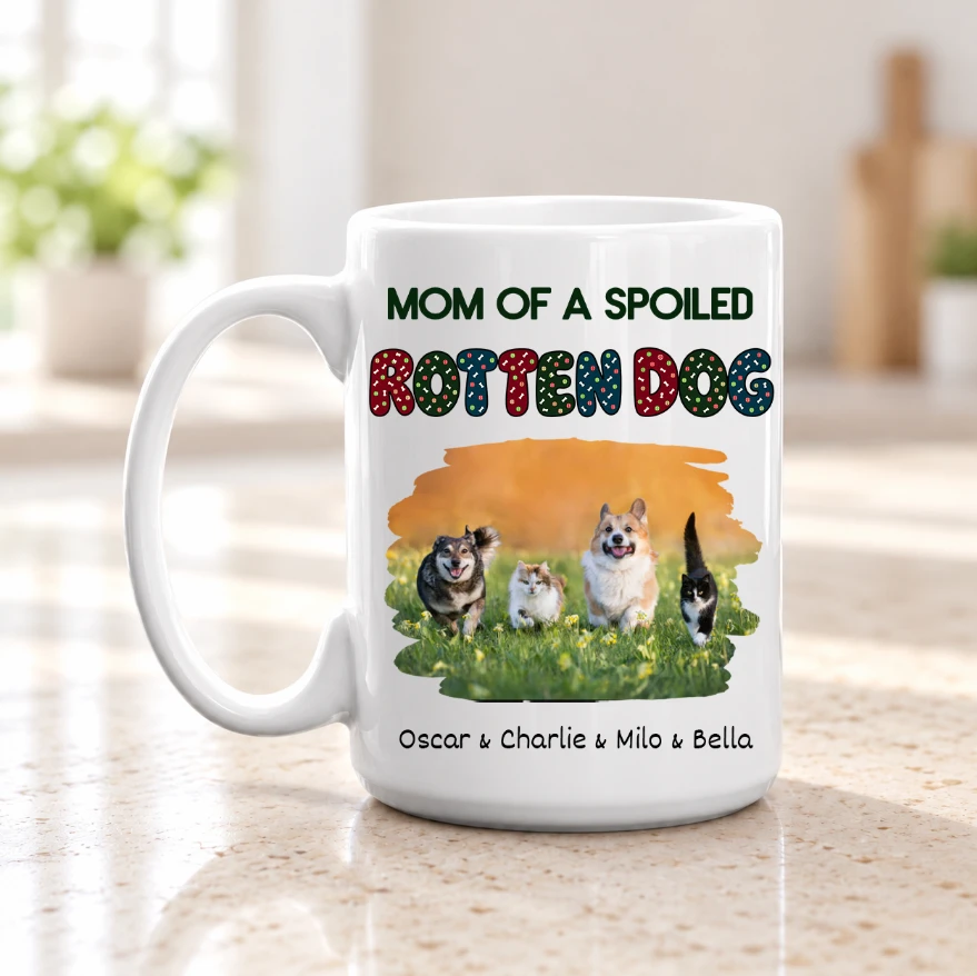 Personalized Mom of a Spoiled Rotten Dog Mug – Custom Pet Photo and Names Ceramic Coffee Mug, Funny Dog Mom Gift, Pet Lover Birthday Gift, Christmas Gift for Dog Owners