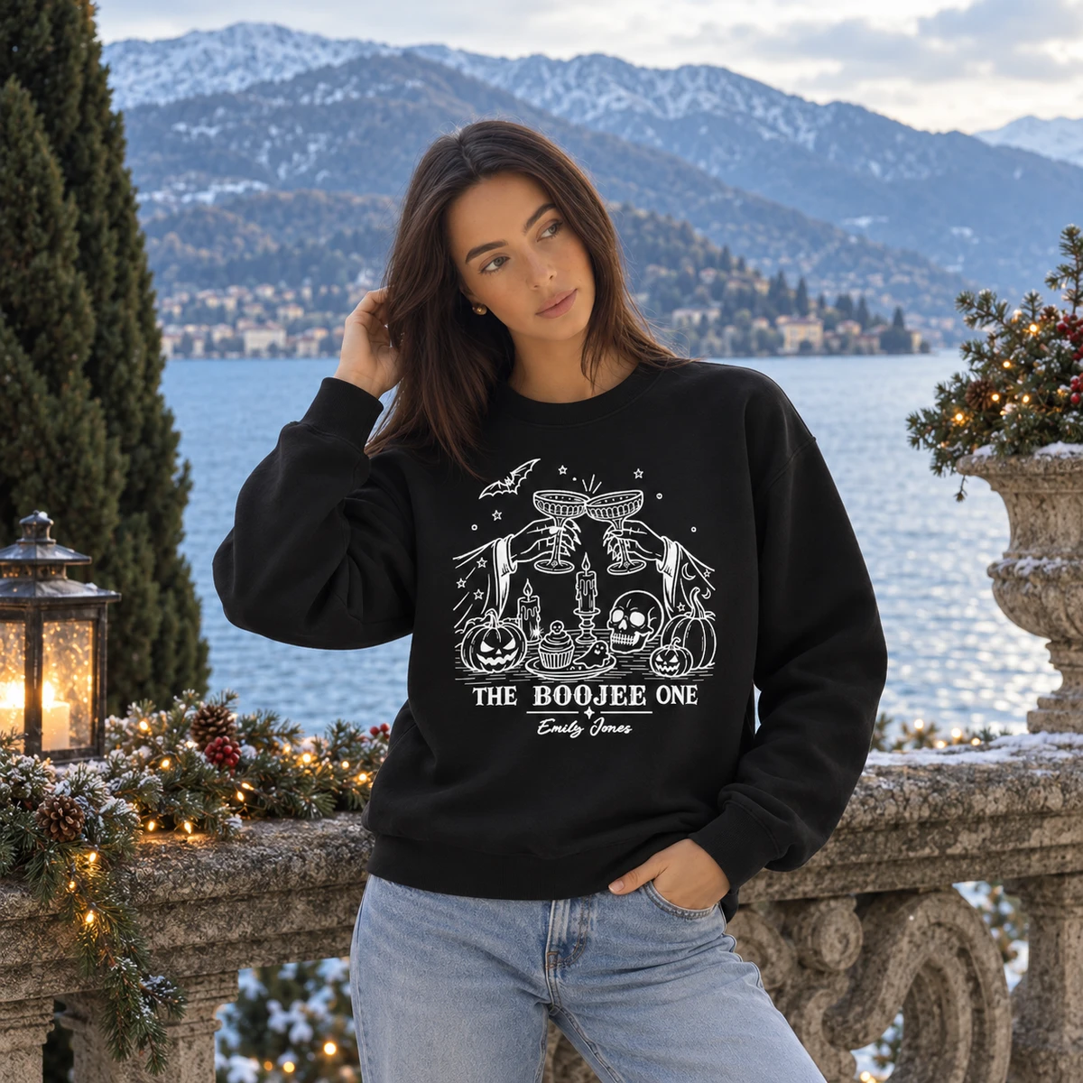 Personalized Witchy Halloween Crewneck - Custom Name Witchy Cocktail Glass Graphic Design