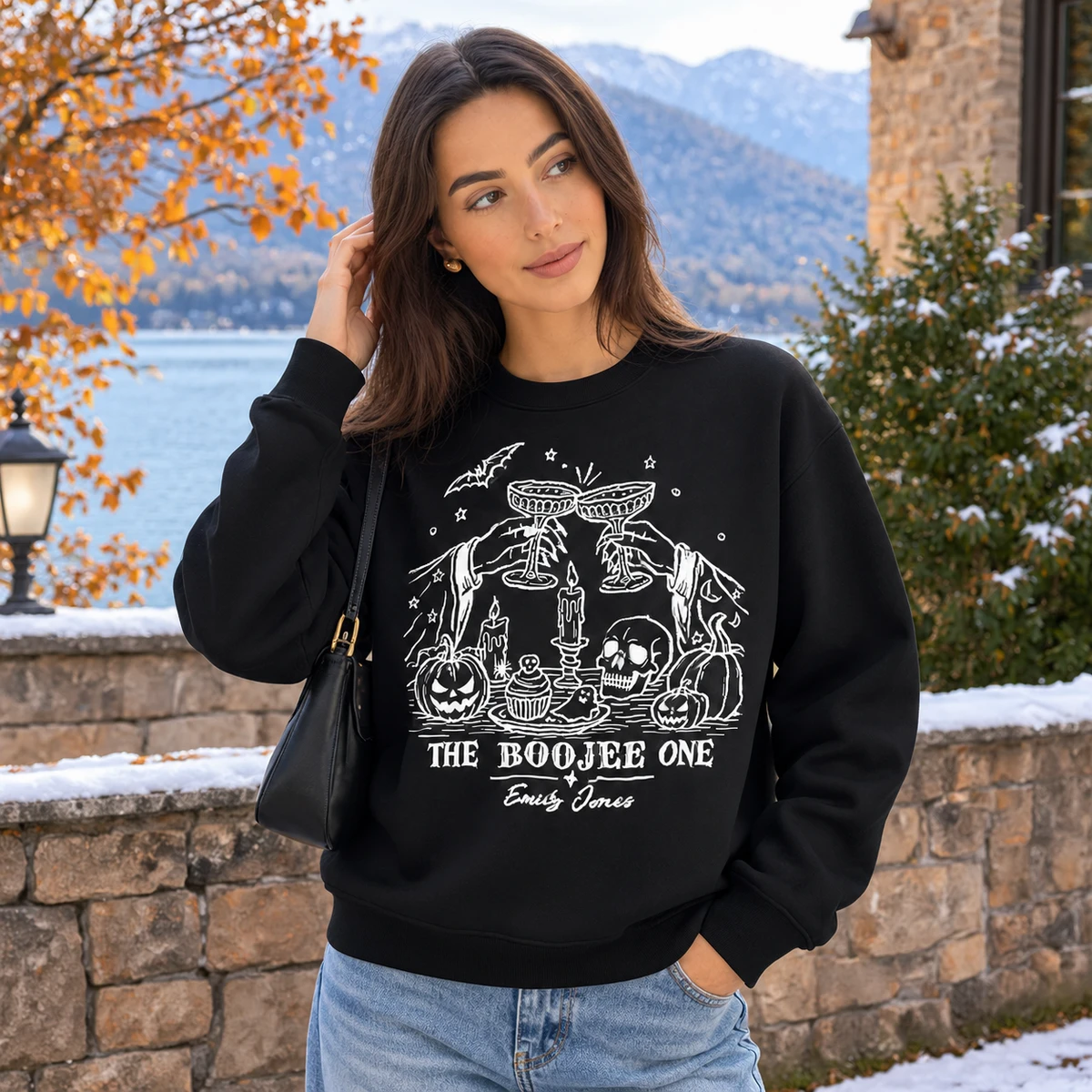Personalized Witchy Halloween Crewneck - Custom Name Witchy Cocktail Glass Graphic Design