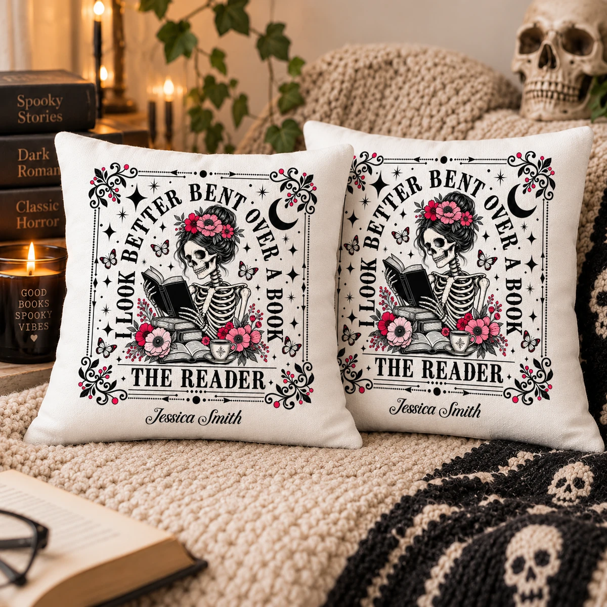 Custom Name Skeleton Reading Books Design - Personalized Gothic Bookworm Pillow
