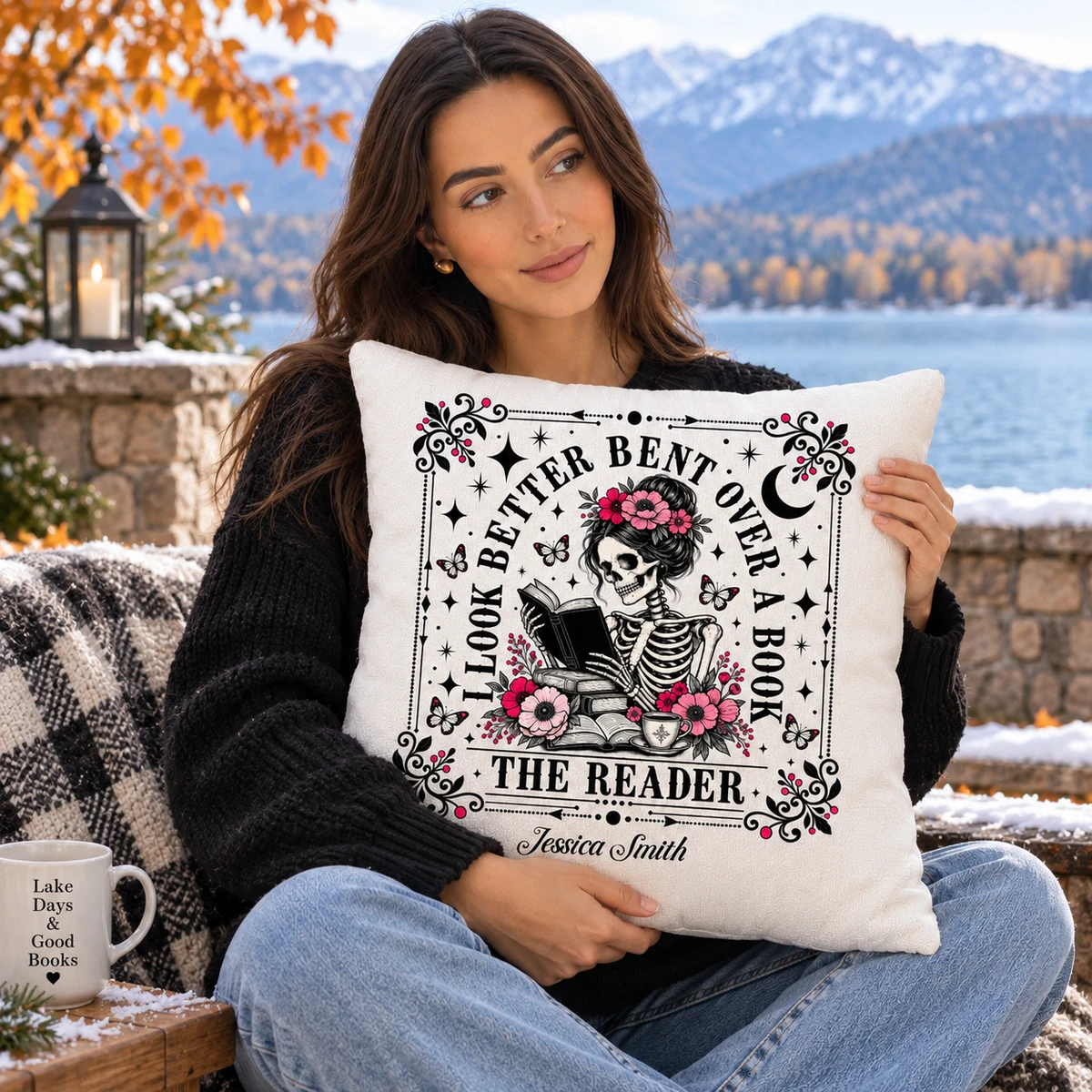 Custom Name Skeleton Reading Books Design - Personalized Gothic Bookworm Pillow