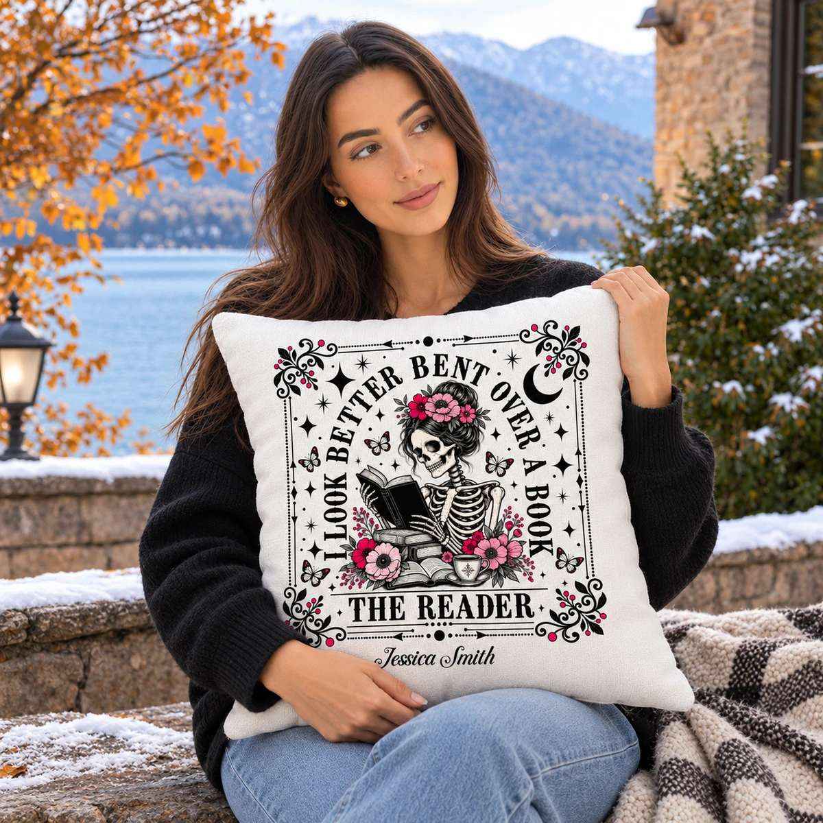 Custom Name Skeleton Reading Books Design - Personalized Gothic Bookworm Pillow