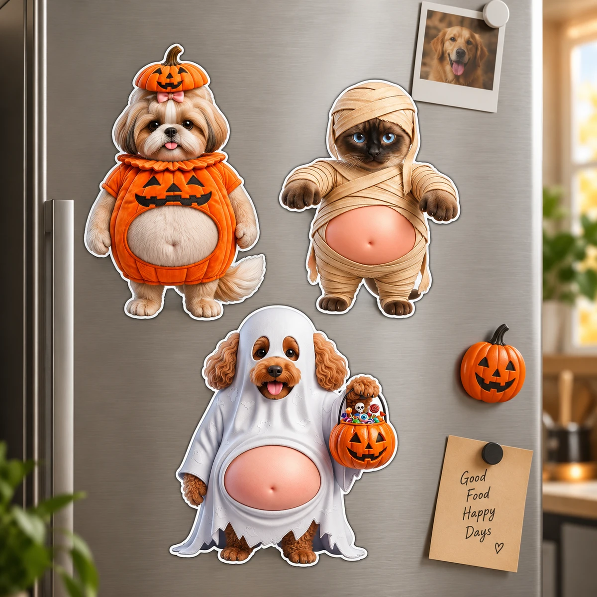 Custom Pet Photo Halloween Magnet, Personalized Pet Character Fridge Magnet, Choose Pumpkin Witch Ghost or Vampire Style, Pet Lover Gift