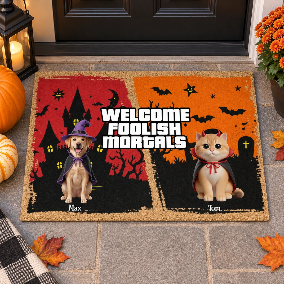 Custom Halloween Pet Photo Doormat - Personalized Multiple Dogs and Cats Portrait