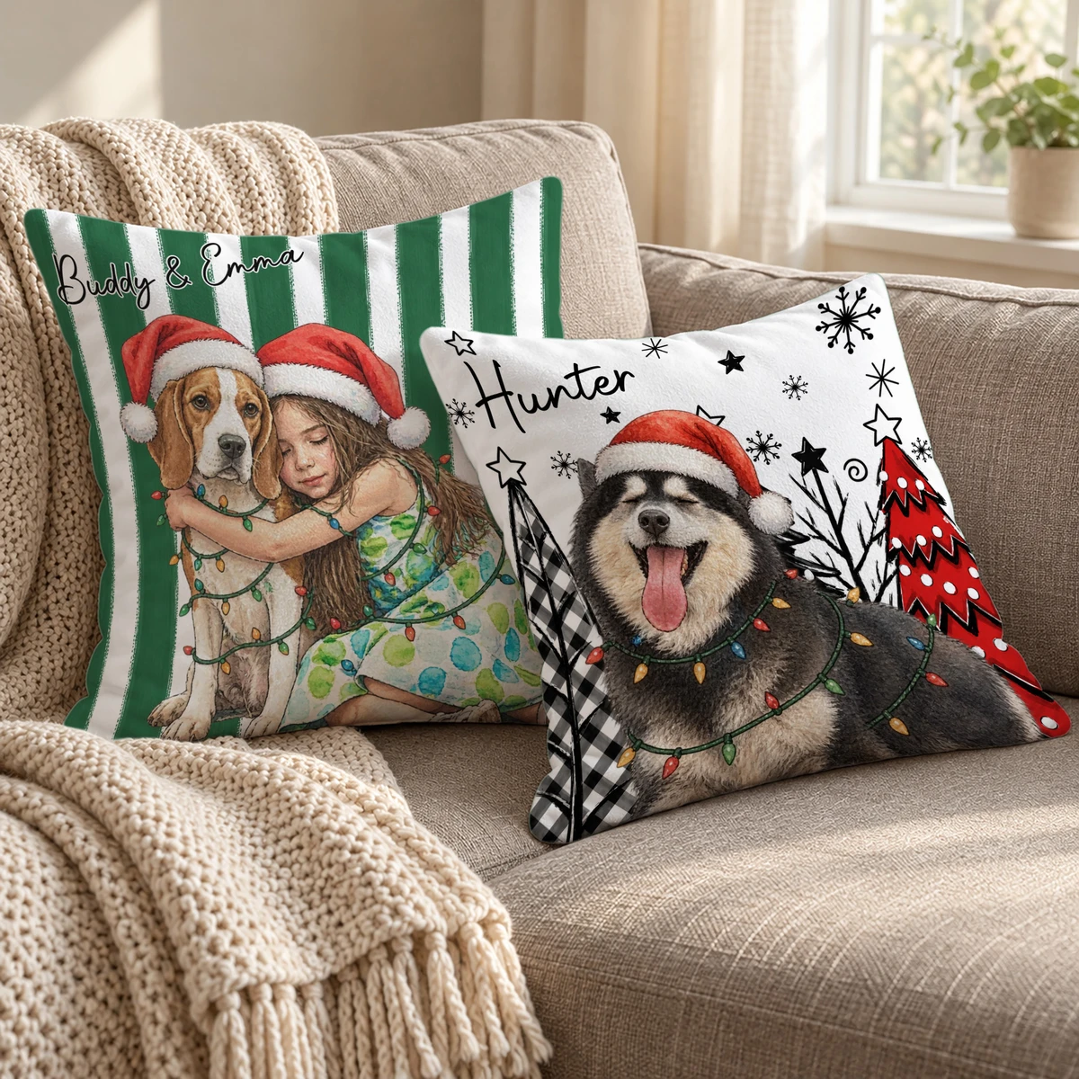 Personalized Christmas Pillow Custom Pet Photo & Name, Santa Hat Dog Cat Holiday Cushion, Family Photo Christmas Decor, Pet Lover Gift