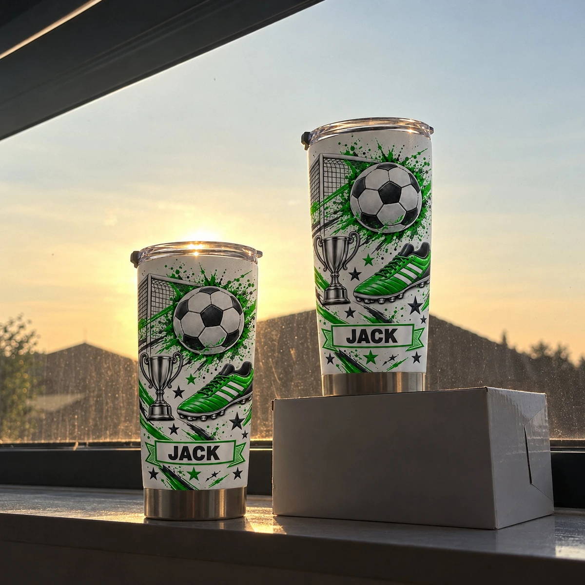 Personalized Soccer Tumbler – Custom Name Football Design 20oz Stainless Steel Tumbler, Soccer Ball and Cleats Cup, Soccer Player Gift for Boys and Girls