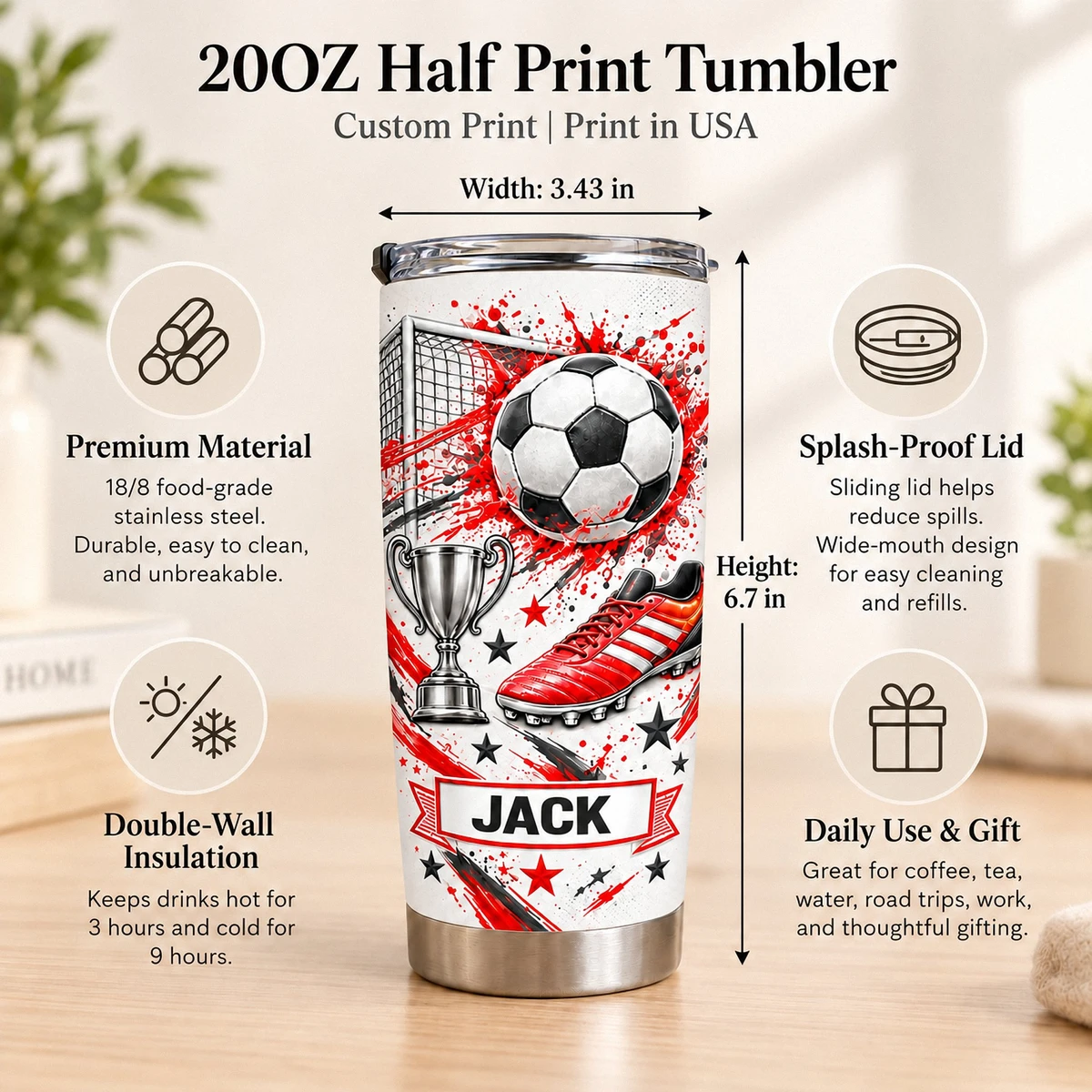 Personalized Soccer Tumbler – Custom Name Football Design 20oz Stainless Steel Tumbler, Soccer Ball and Cleats Cup, Soccer Player Gift for Boys and Girls