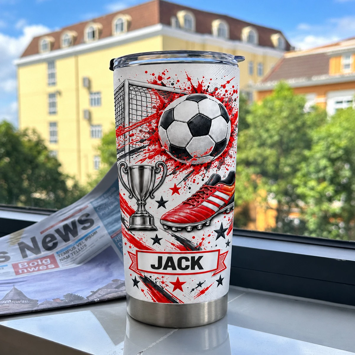 Personalized Soccer Tumbler – Custom Name Football Design 20oz Stainless Steel Tumbler, Soccer Ball and Cleats Cup, Soccer Player Gift for Boys and Girls