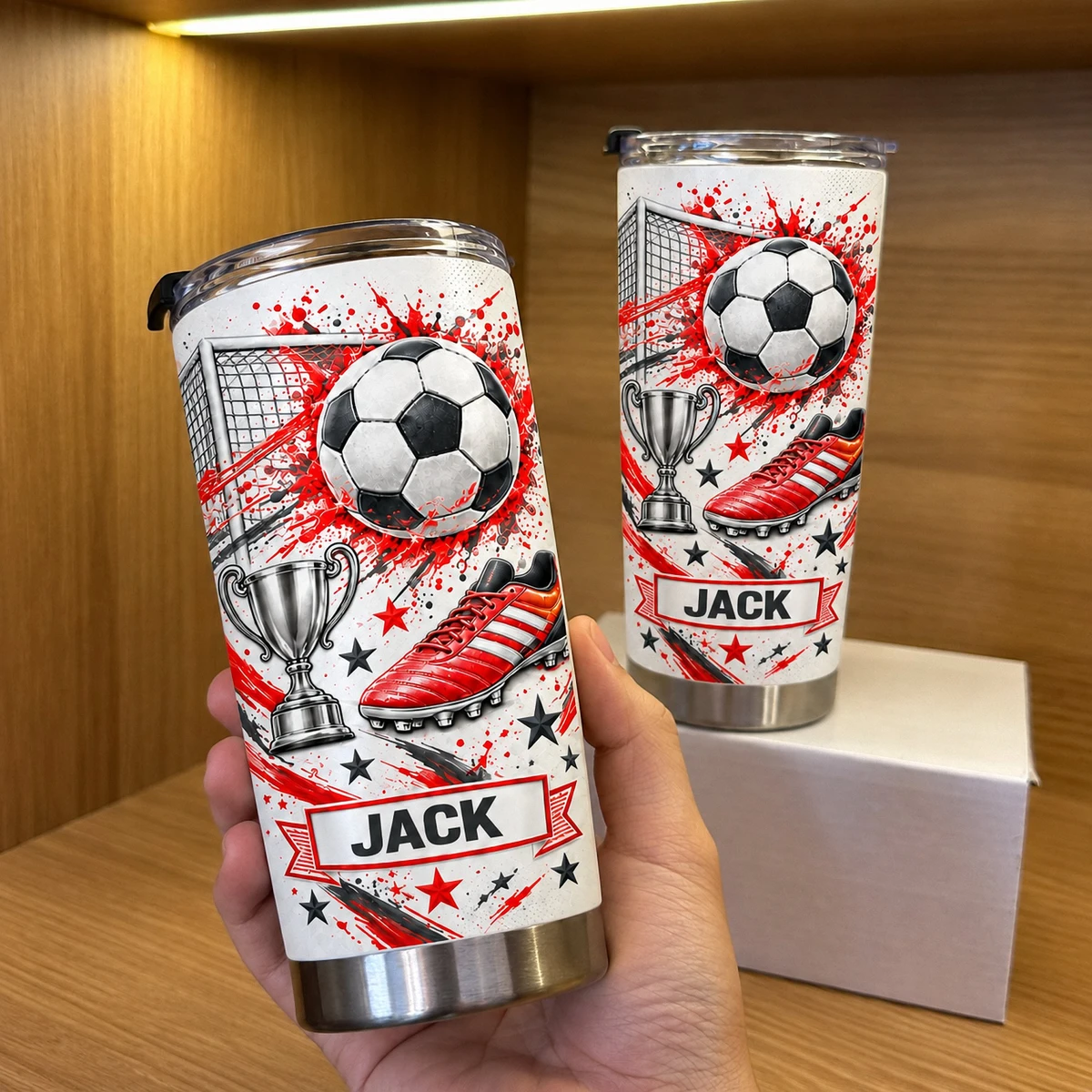Personalized Soccer Tumbler – Custom Name Football Design 20oz Stainless Steel Tumbler, Soccer Ball and Cleats Cup, Soccer Player Gift for Boys and Girls