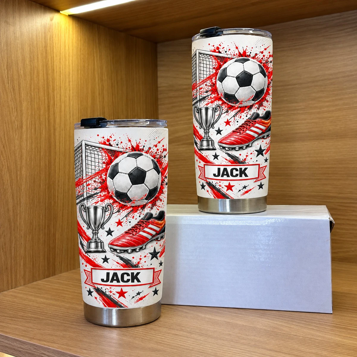 Personalized Soccer Tumbler – Custom Name Football Design 20oz Stainless Steel Tumbler, Soccer Ball and Cleats Cup, Soccer Player Gift for Boys and Girls