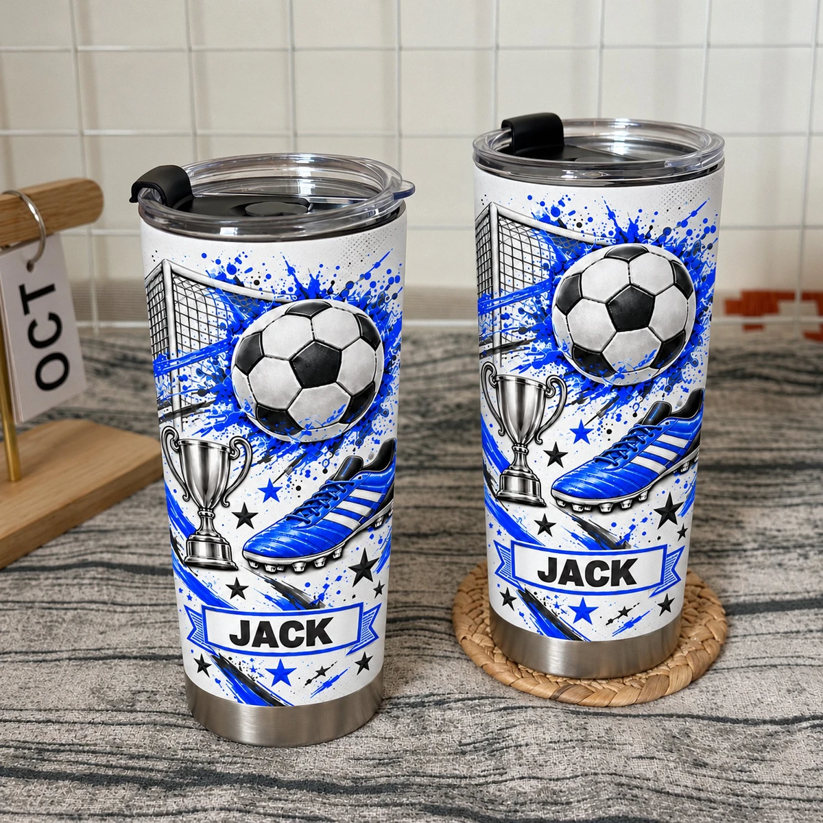 Personalized Soccer Tumbler – Custom Name Football Design 20oz Stainless Steel Tumbler, Soccer Ball and Cleats Cup, Soccer Player Gift for Boys and Girls