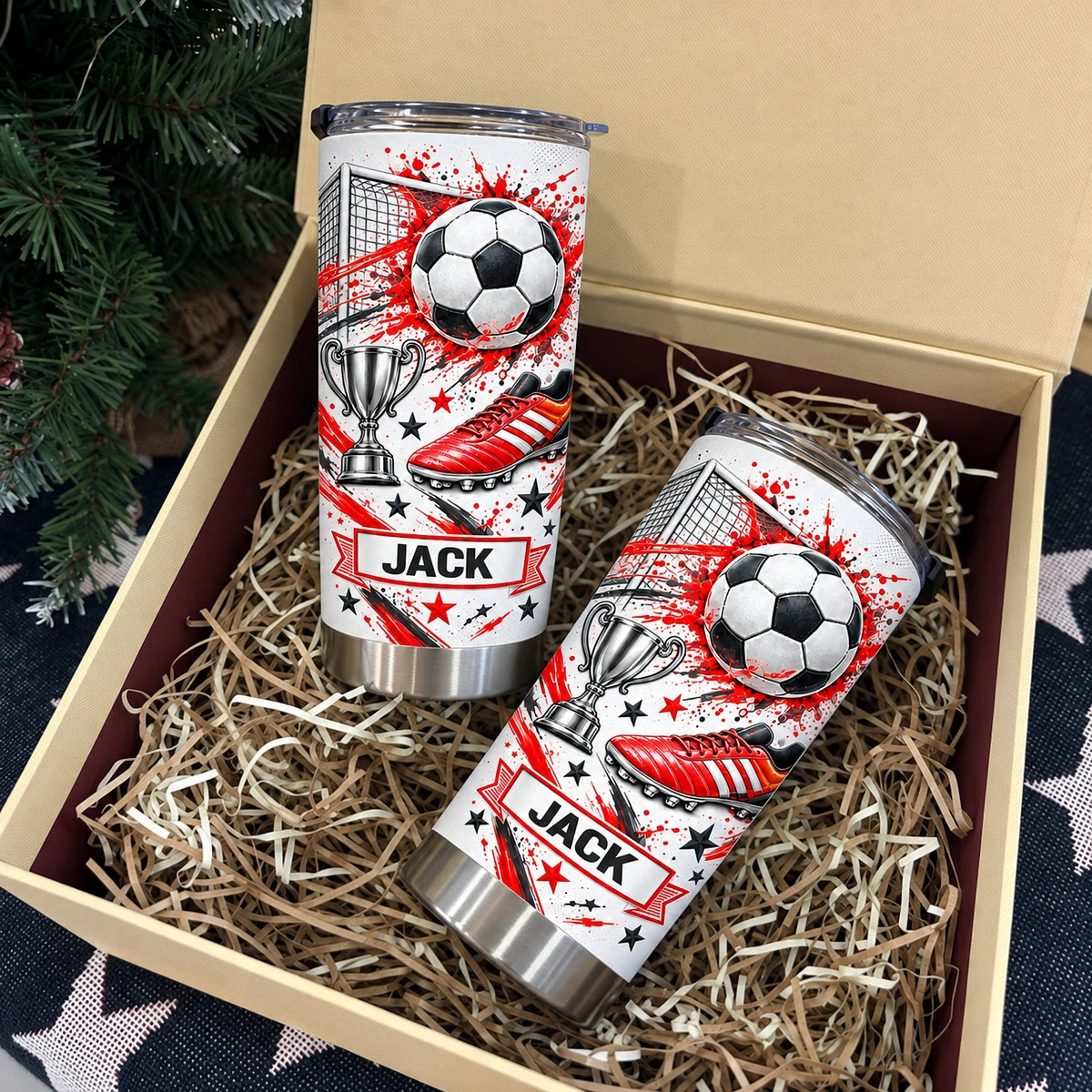 Personalized Soccer Tumbler – Custom Name Football Design 20oz Stainless Steel Tumbler, Soccer Ball and Cleats Cup, Soccer Player Gift for Boys and Girls