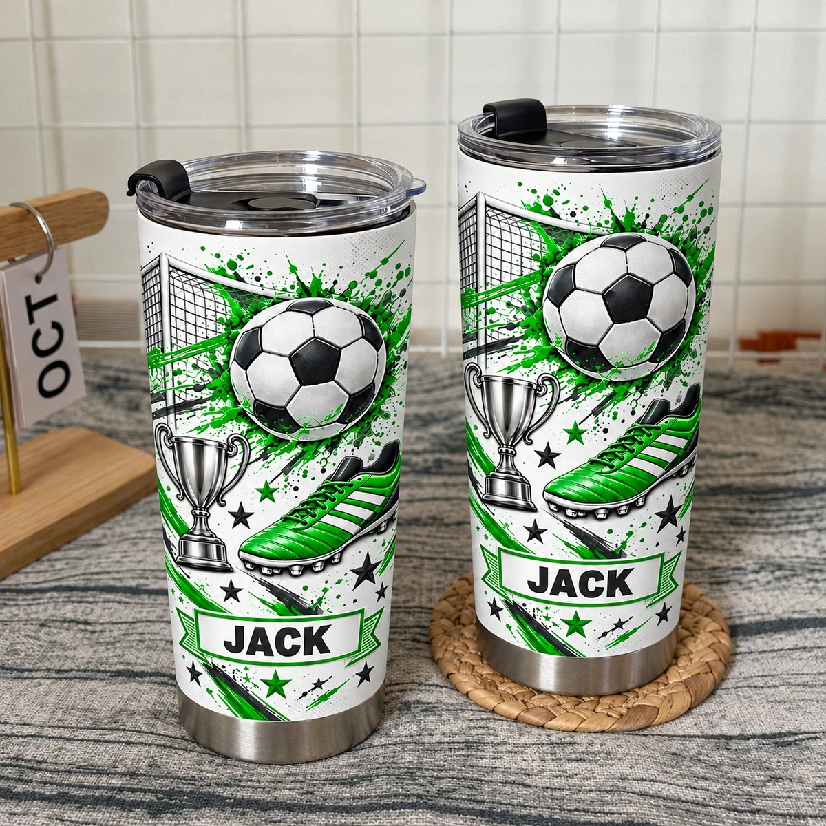 Personalized Soccer Tumbler – Custom Name Football Design 20oz Stainless Steel Tumbler, Soccer Ball and Cleats Cup, Soccer Player Gift for Boys and Girls