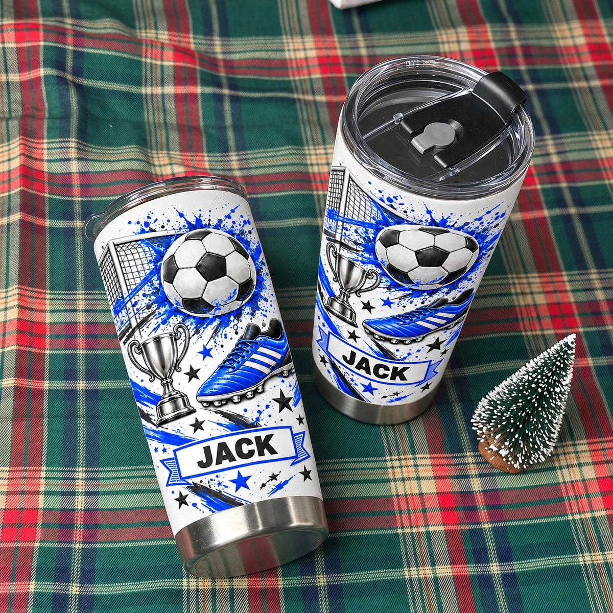Personalized Soccer Tumbler – Custom Name Football Design 20oz Stainless Steel Tumbler, Soccer Ball and Cleats Cup, Soccer Player Gift for Boys and Girls