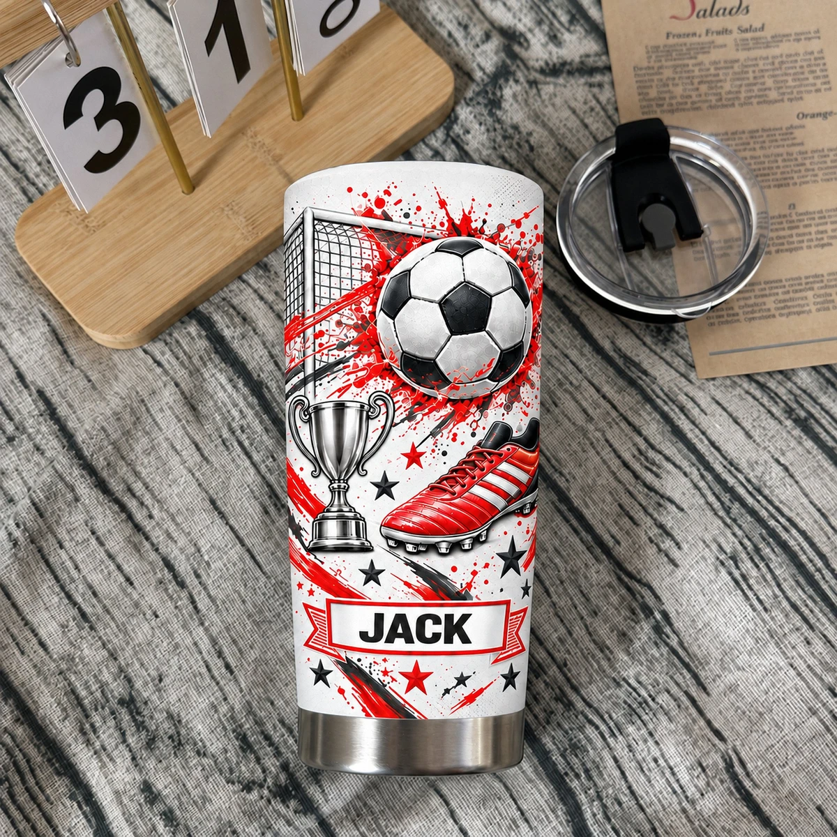 Personalized Soccer Tumbler – Custom Name Football Design 20oz Stainless Steel Tumbler, Soccer Ball and Cleats Cup, Soccer Player Gift for Boys and Girls